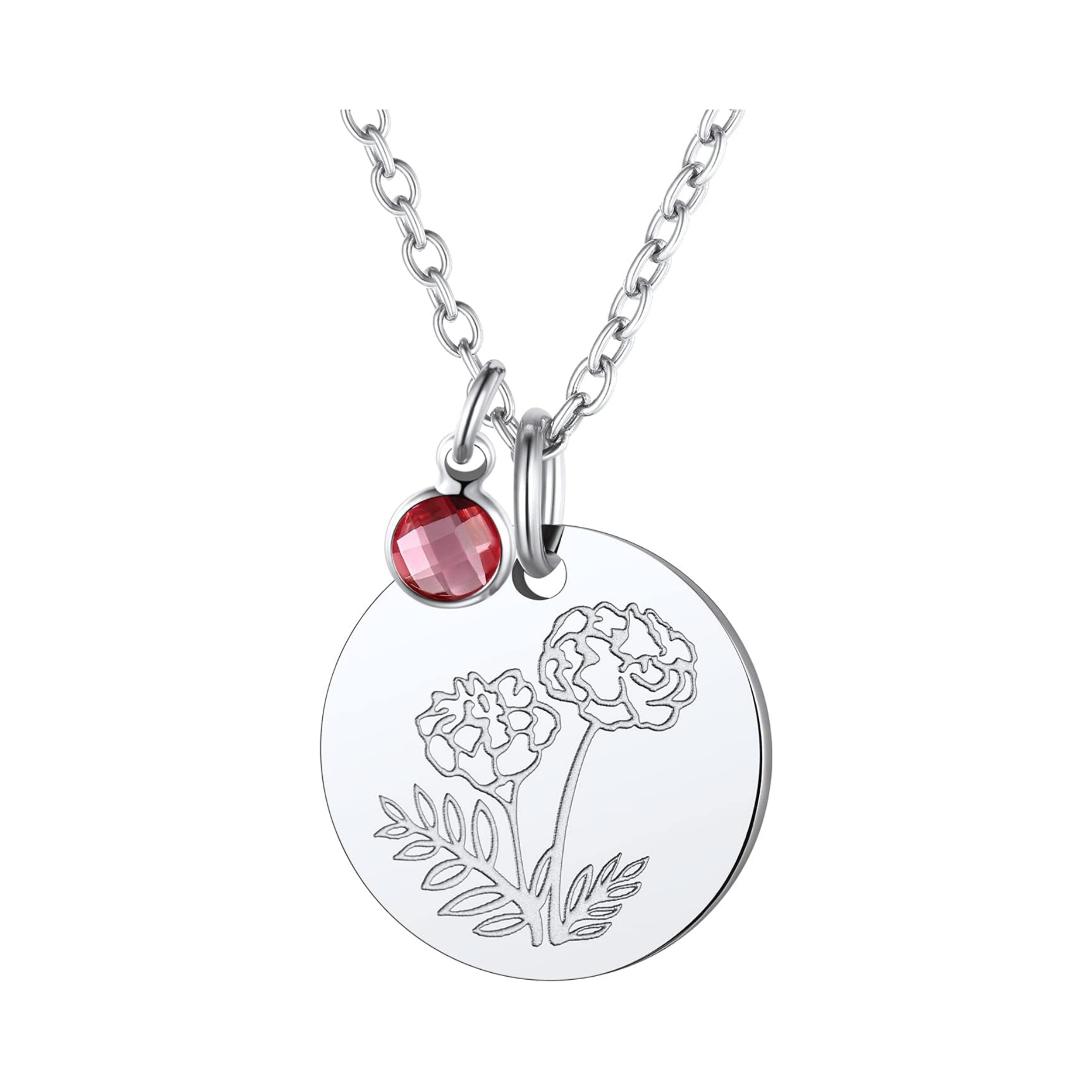 Jan. to Dec. Guardian Month Floral Birth Flower & Birthstone Disc Necklaces