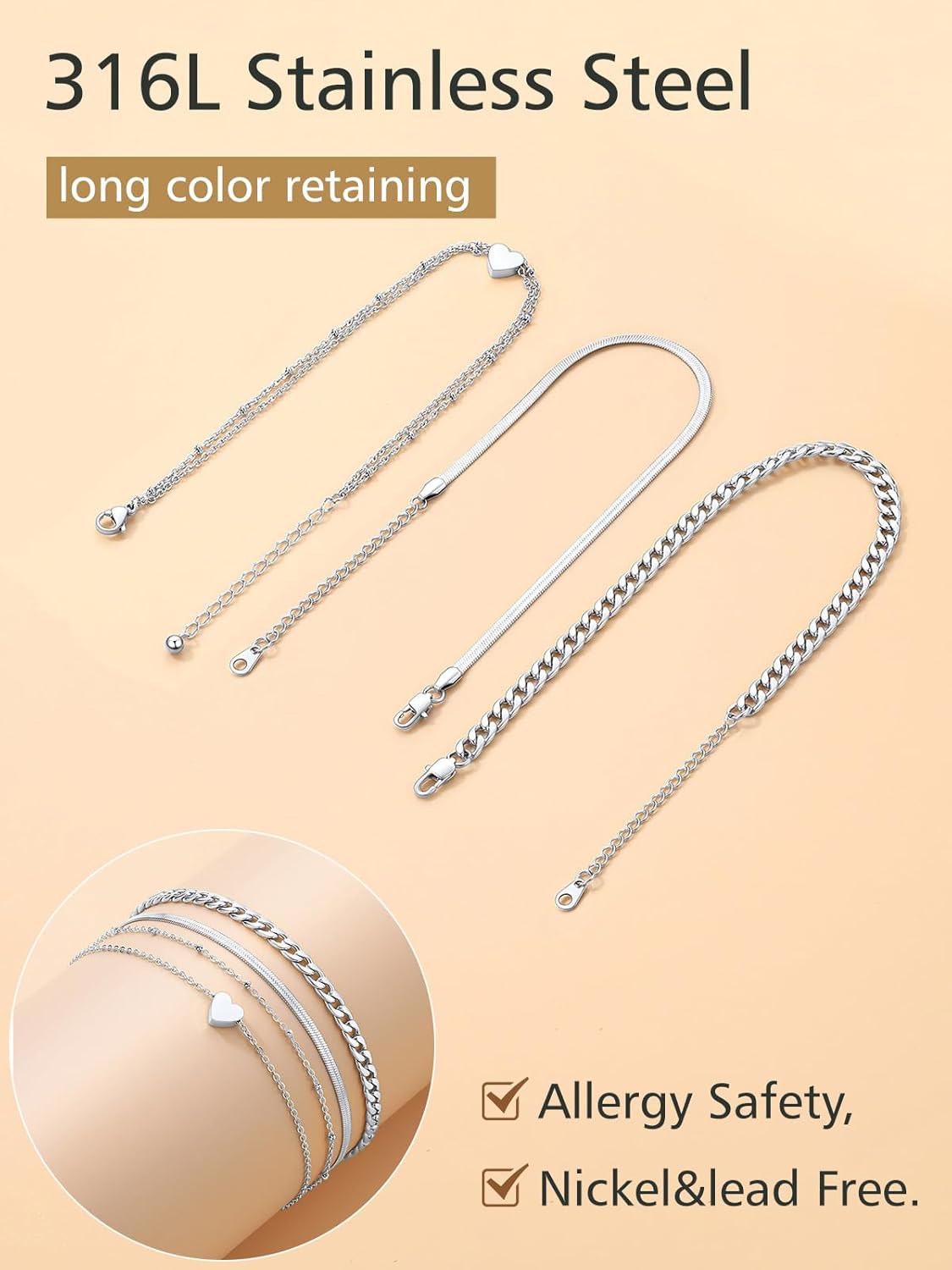 3PCS Cuban & Herringbone & Beaded Heart Ankle Set