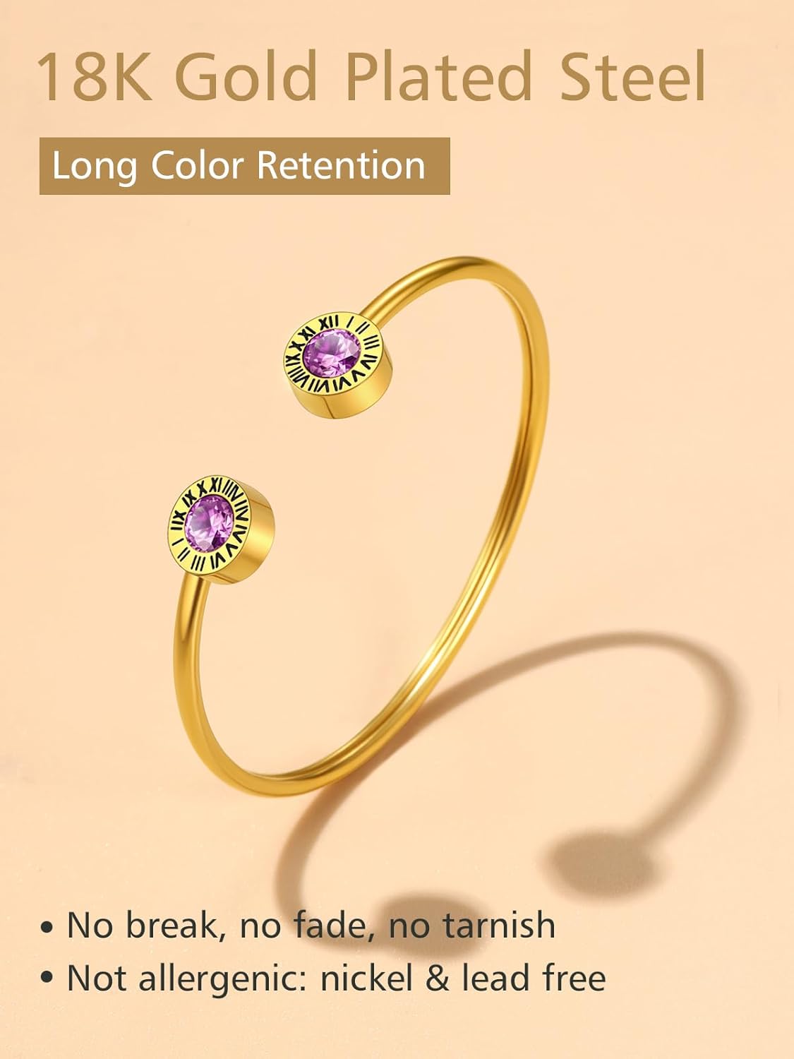 18K Gold Plated Stainless Steel Birthstones Cuff Bracelets with Roman Numerals 