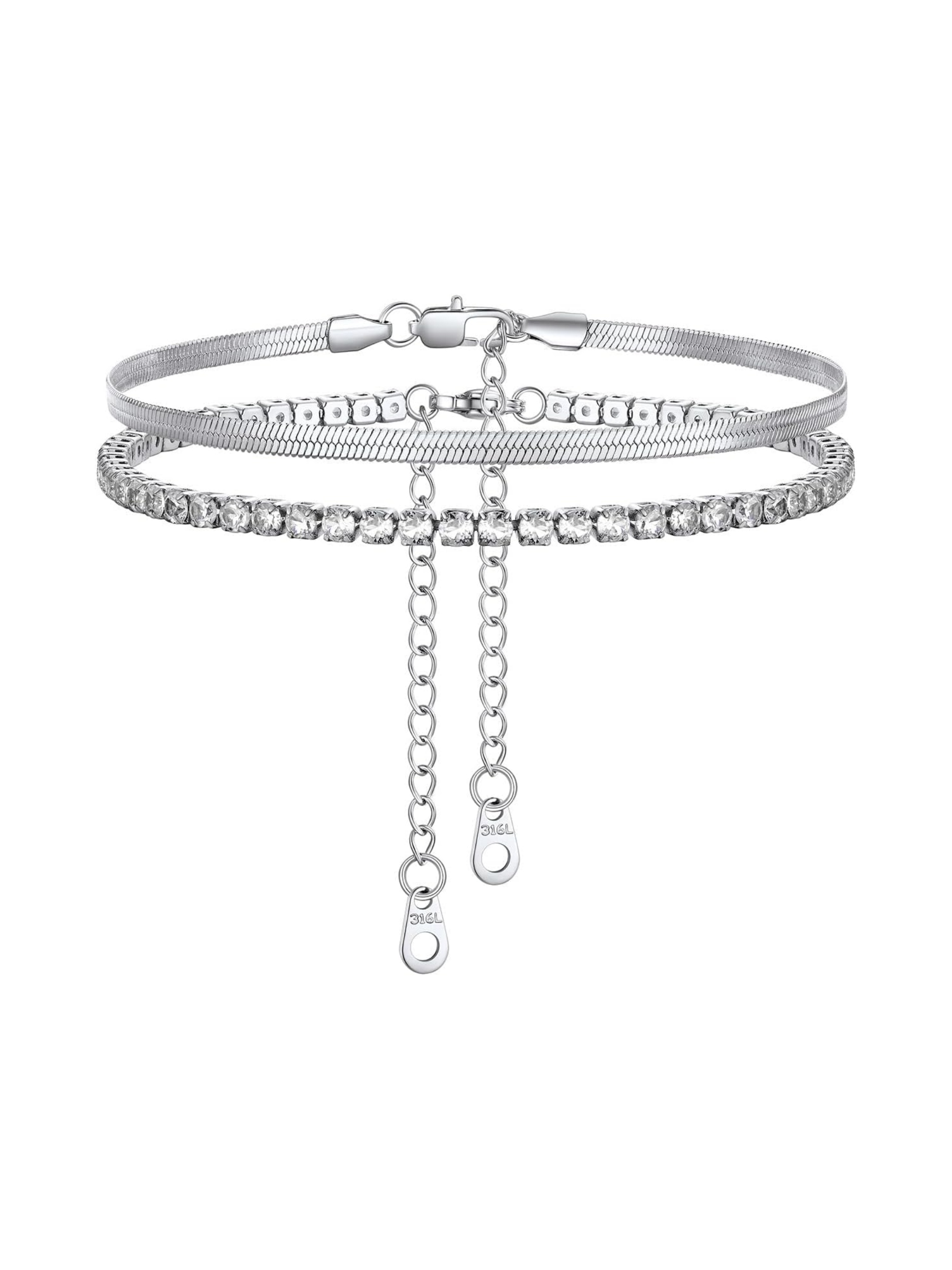 2PCS Herringbone & Tennis Chain Foot Jewelry Anklets Jewelry Set