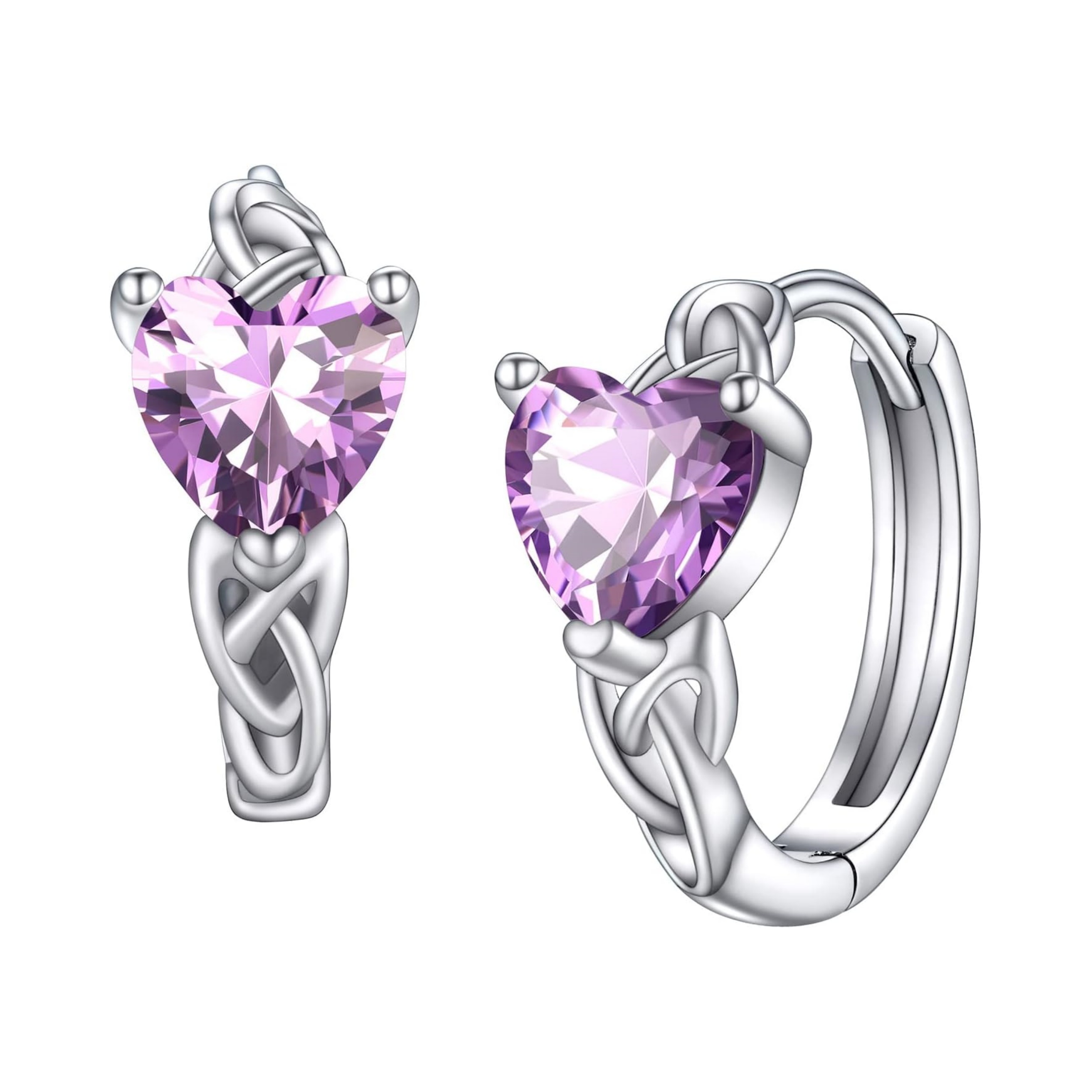 June Purple Alexandrite Heart Celtic Knot Birthstone Hoop Earrings