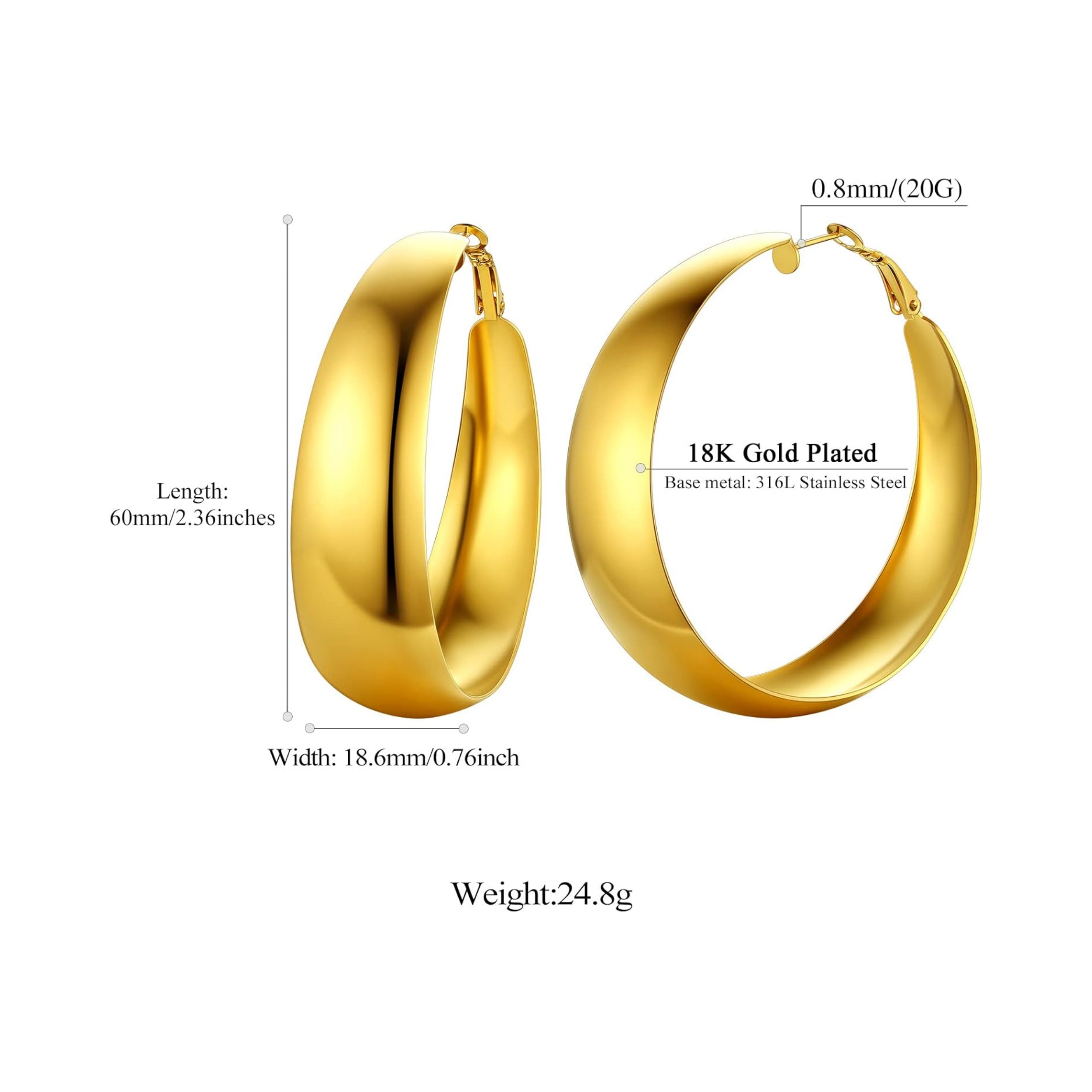 Stainless Steel Wide Hoop Earrings Details: Dimensions, Hypoallergenic, Lever Back