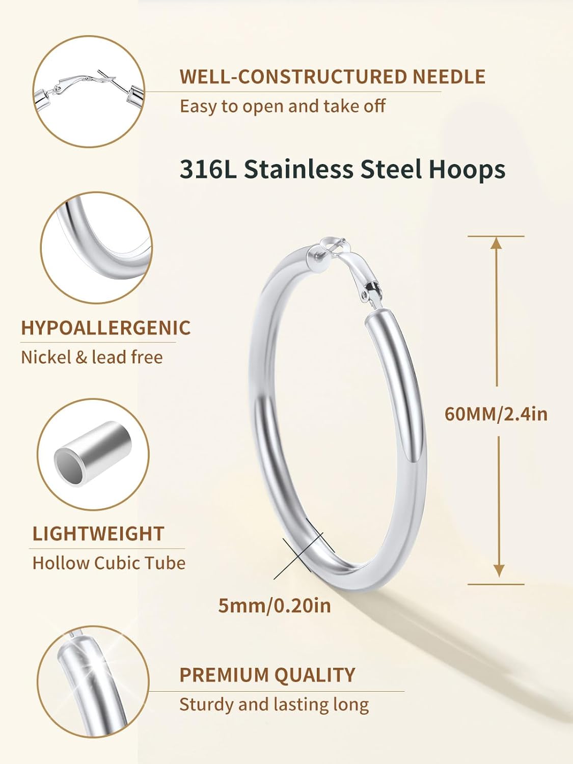 Classic Stainless Steel Tube Hoop Rounded Loop Earrings
