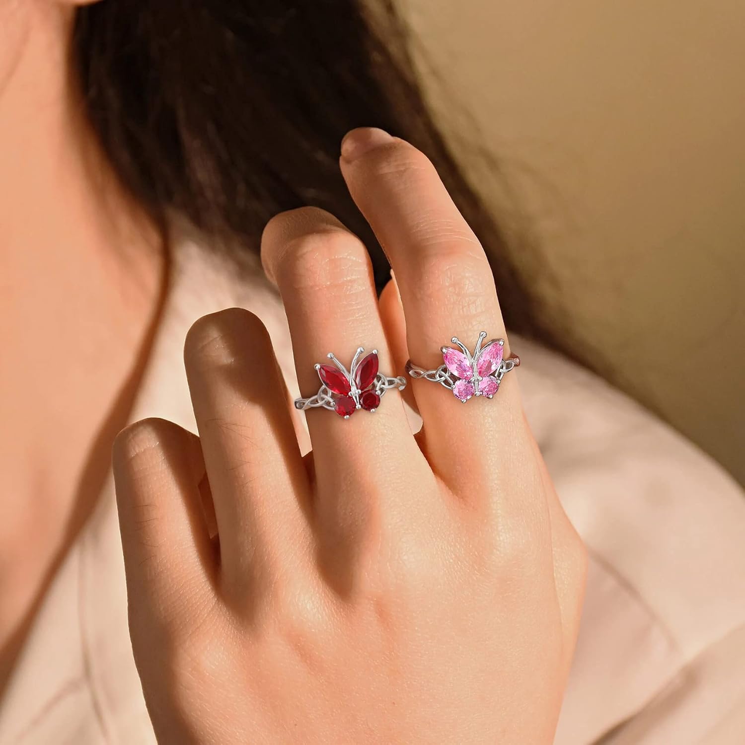 October Tourmaline Butterfly Birthstone Stackable Rings