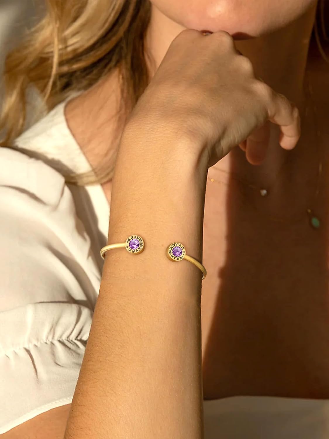 Stainless Steel Birthstones Cuff Bracelets with Roman Numerals  for Women