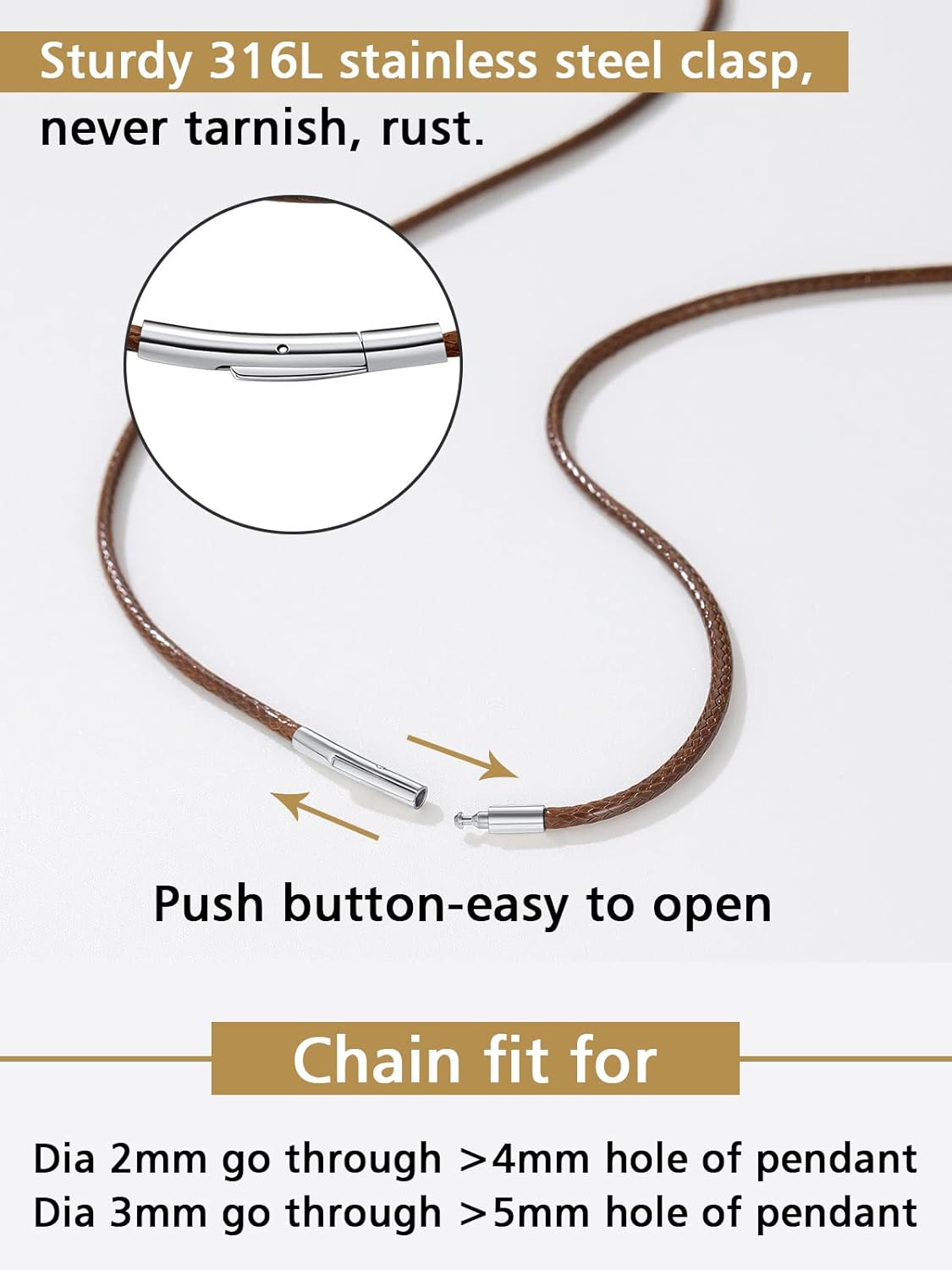 2mm Brown Braided Cord Leather Necklace with Stainless Steel Clasp 