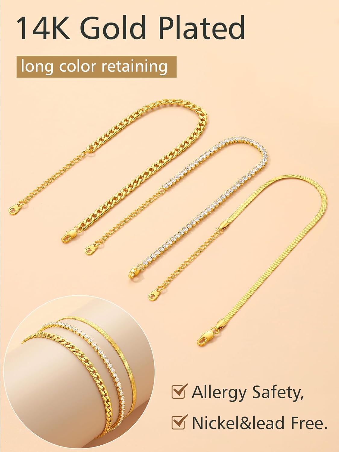 3PCS Herringbone & Tennis & Cuban Link Herringbone Link Foot Jewelry Set