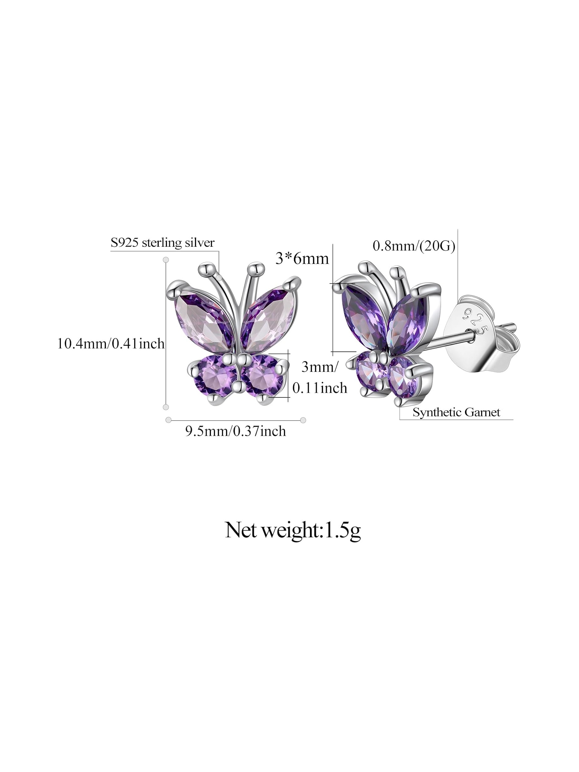 Birthstone Butterfly Stud Earrings Details: Dimensions, Hypoallergenic, Push Back Finding