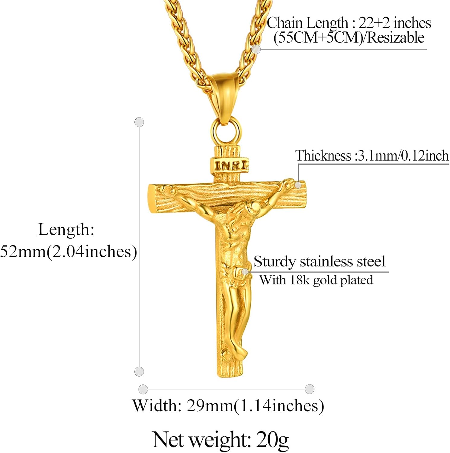 Faith in God Jesus Christian Crucifix Cross Pendant Necklace Details: Dimensions, Hypoallergenic, Lobster-Claw-Clasps