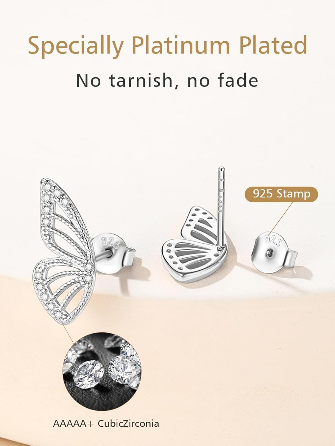 Asymmetric Butterfly Wings Small Cubic Zirconia Diamond Studs Earrings