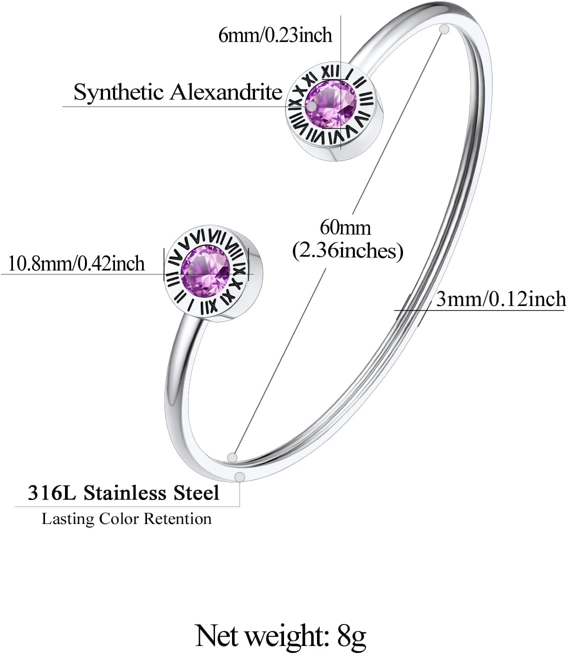 Stainless Steel Birthstones Cuff Bracelets with Roman Numerals Size