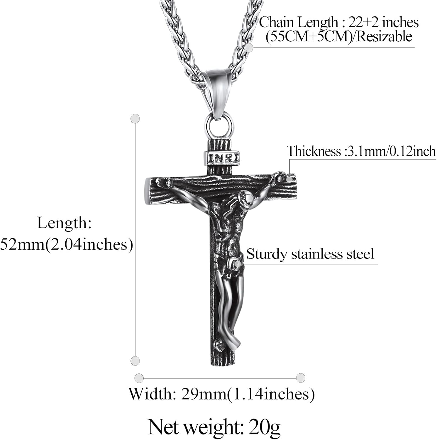 Faith in God Jesus Christian Crucifix Cross Pendant Necklace Details: Dimensions, Hypoallergenic, Lobster-Claw-Clasps