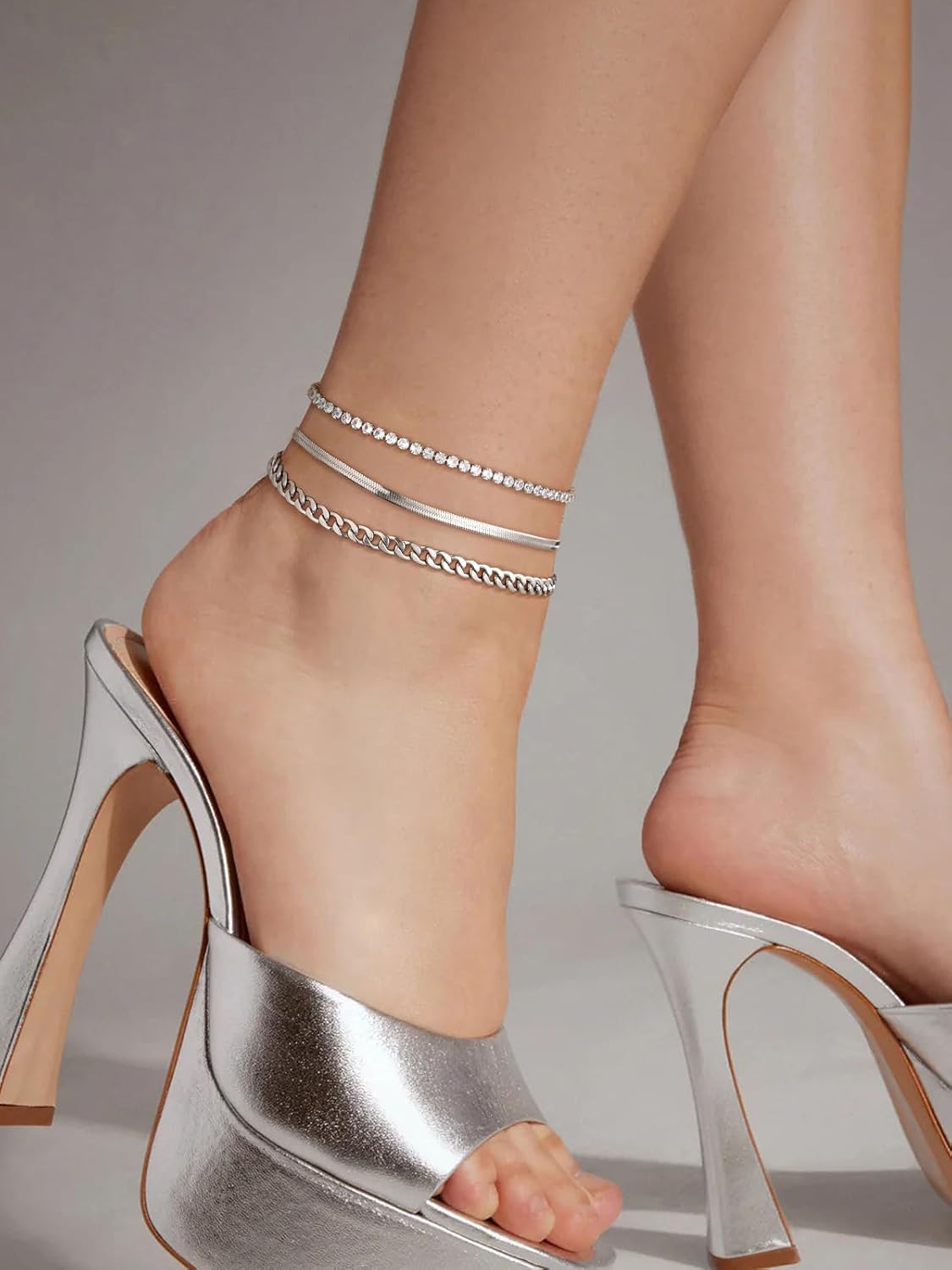 3PCS Herringbone & Tennis & Cuban Link Herringbone Link Foot Jewelry Set