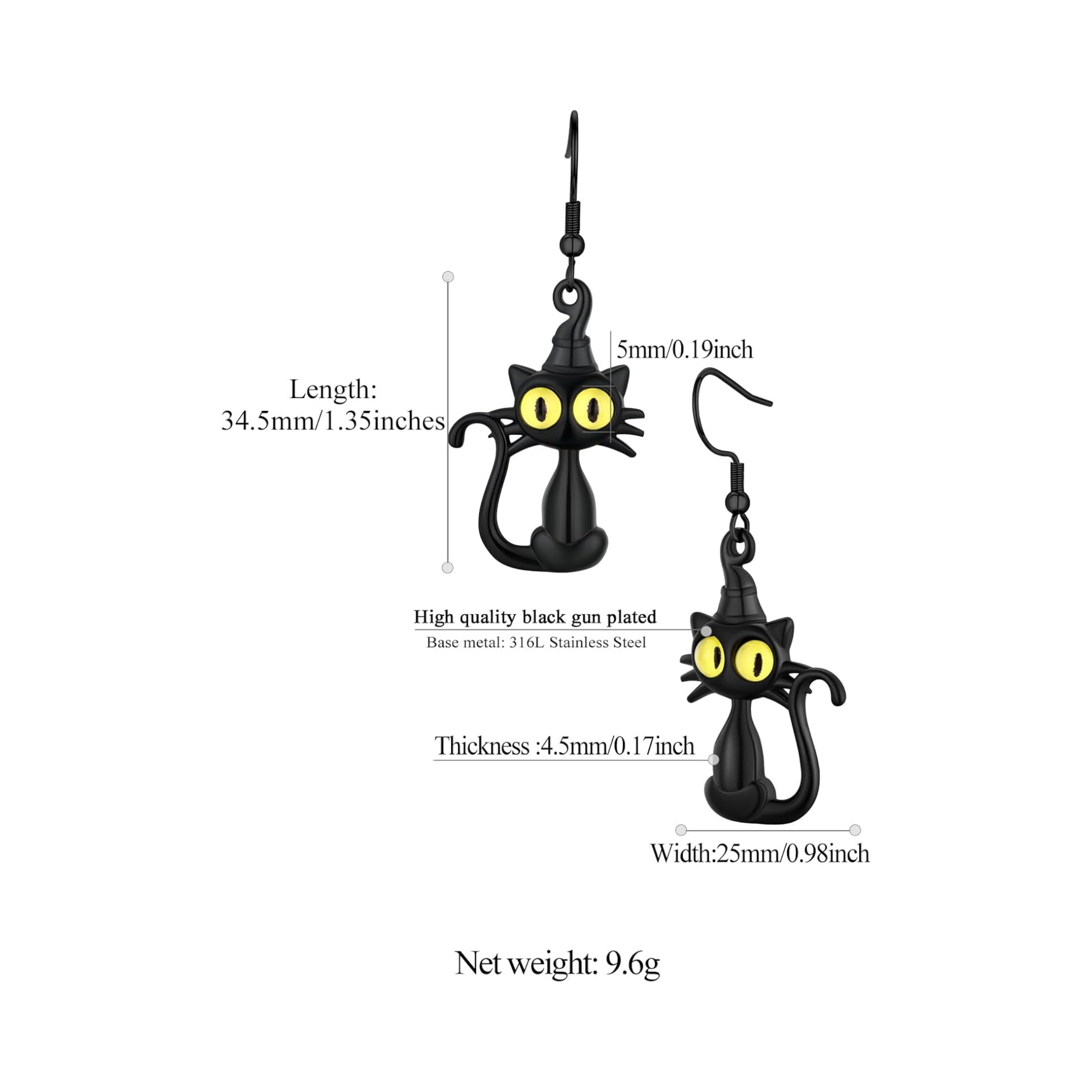 Stainless Steel Black Cat Dangle Earrings 