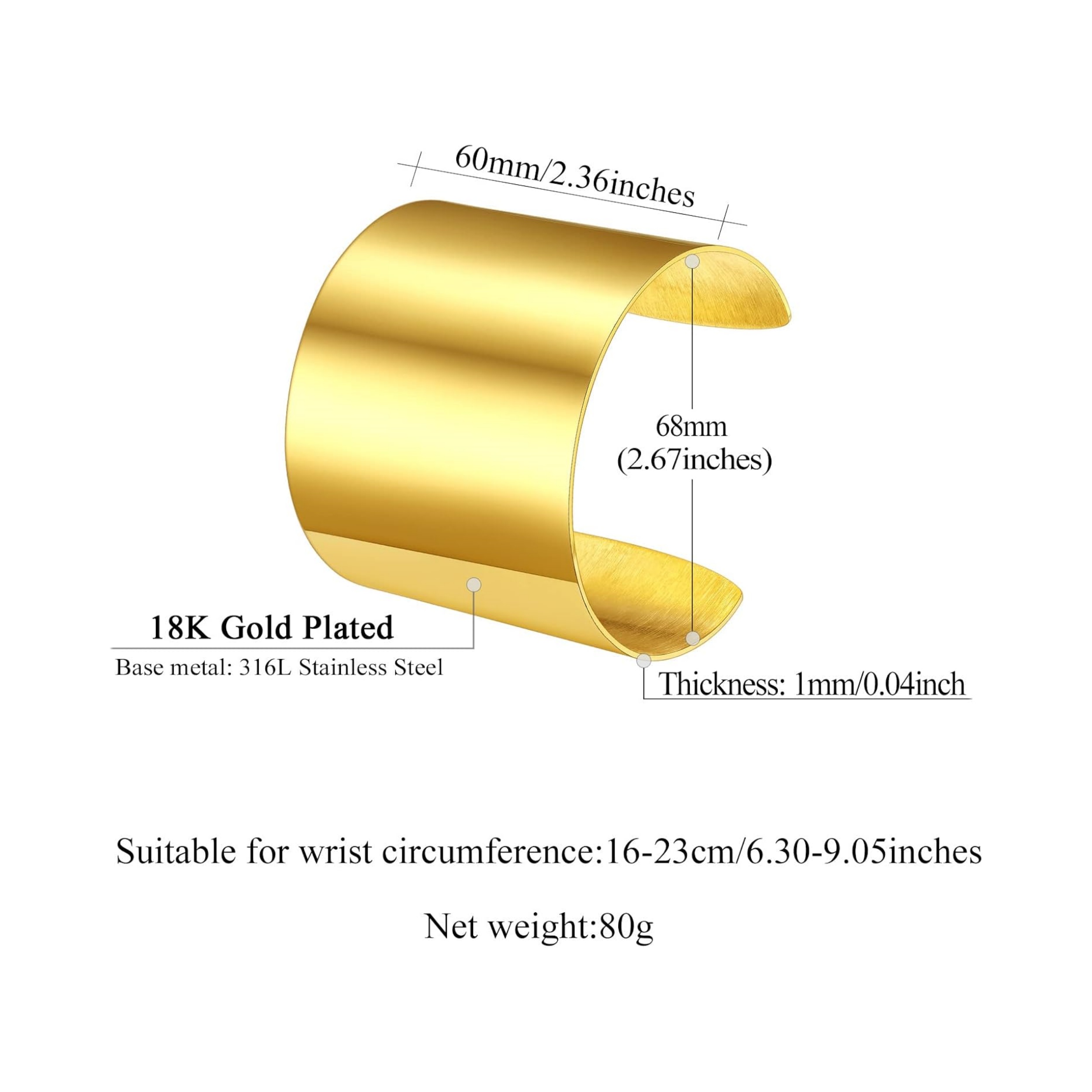 18K Gold Plated Wide Cuff Bracelet Size