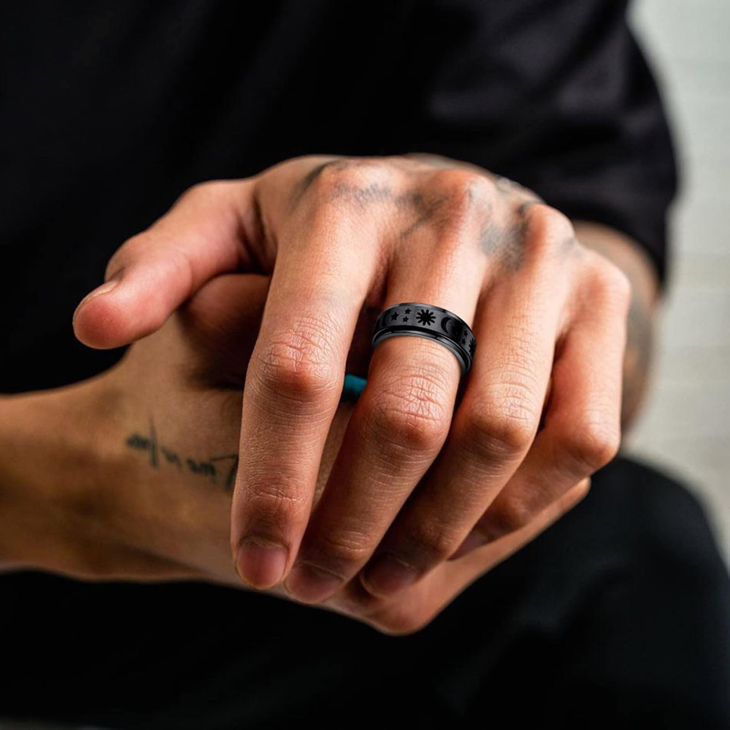 Stainless Steel Spinner Moon and Sun Mixed Color Band Rings