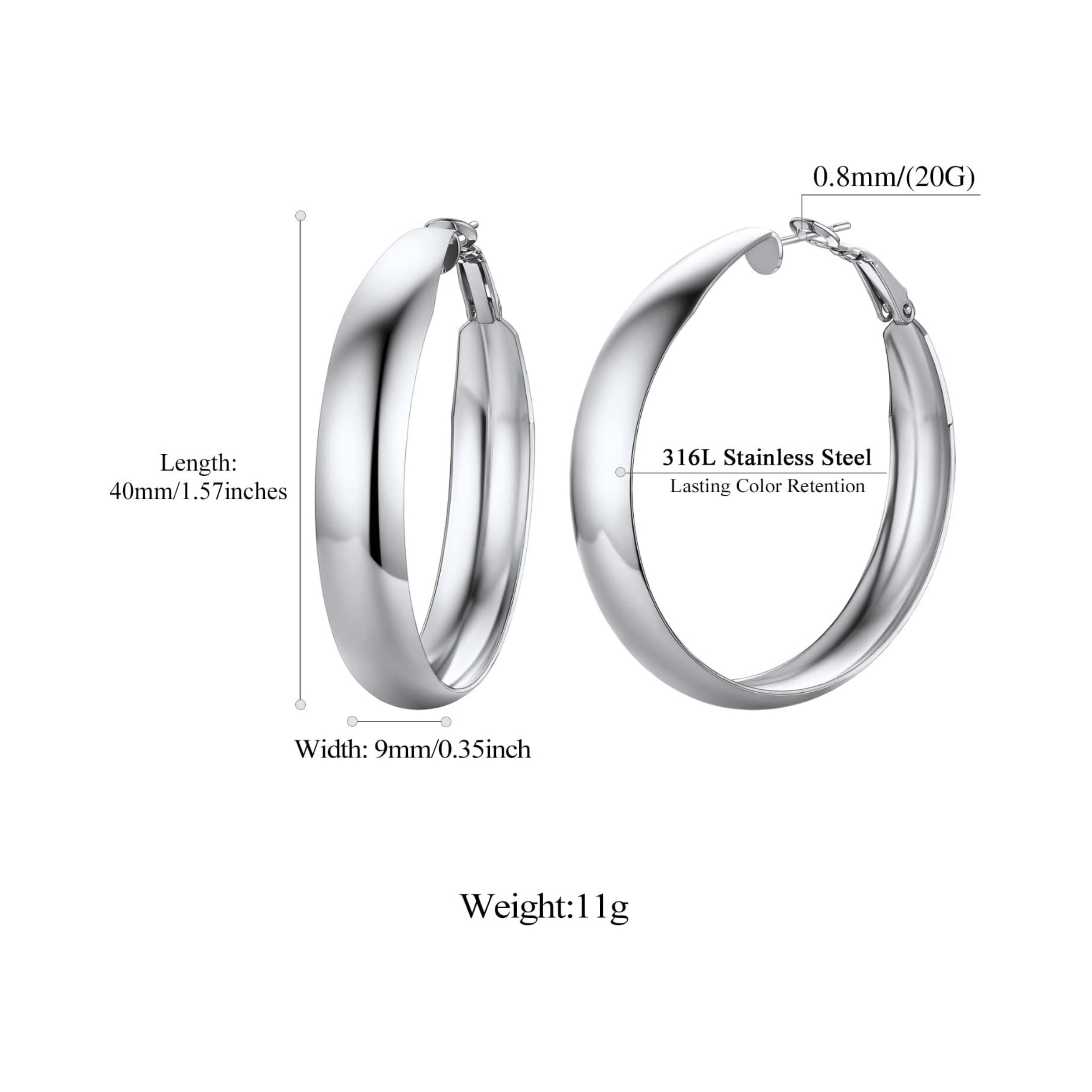 Stainless Steel Wide Hoop Earrings Details: Dimensions, Hypoallergenic, Lever Back