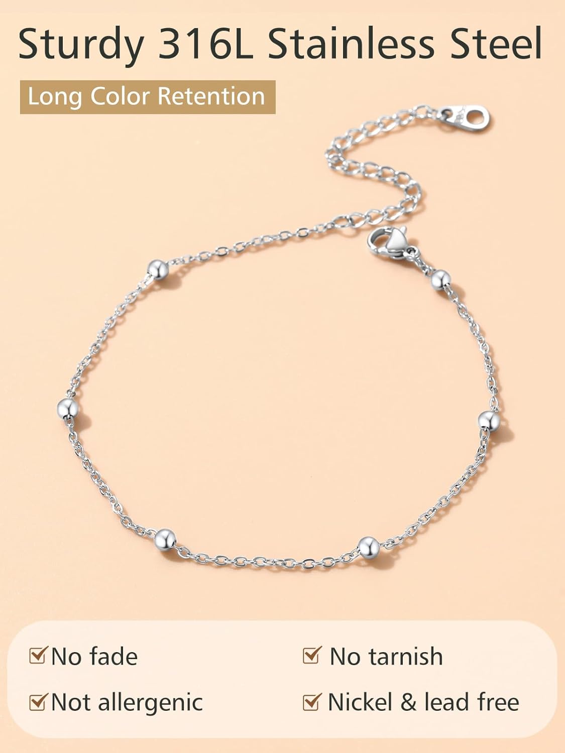 Stainless Steel bead chain Beach Adjustable Anklet