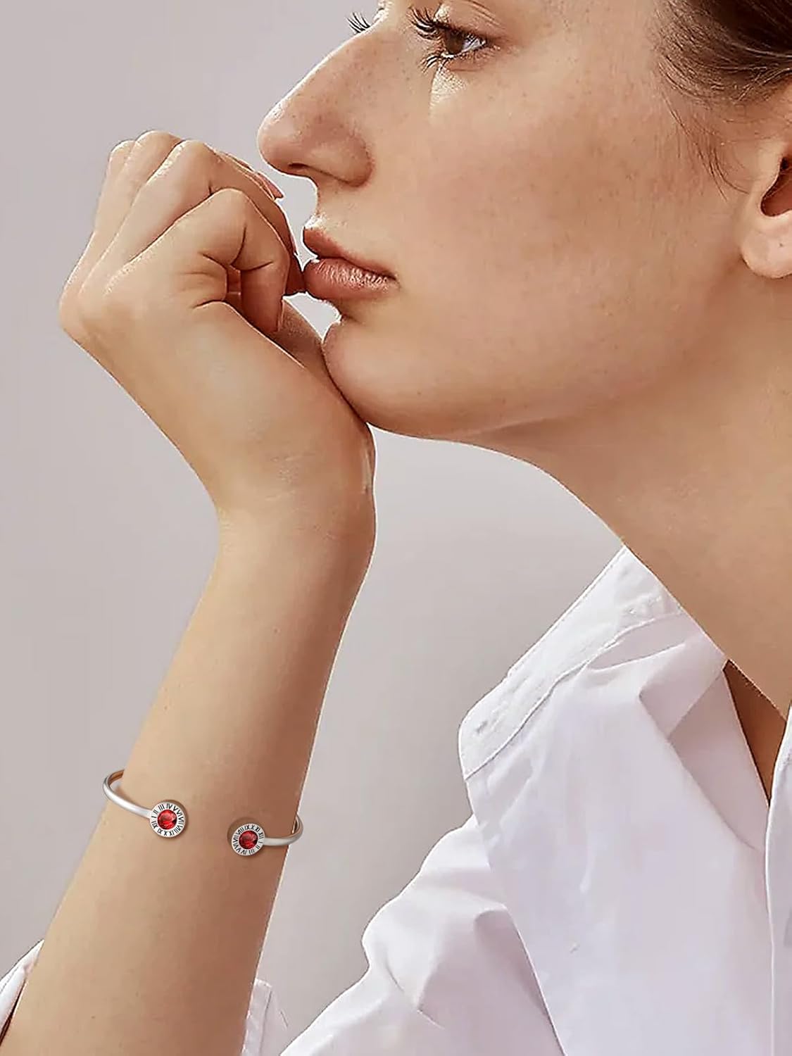 Stainless Steel Birthstones Cuff Bracelets with Roman Numerals for Women