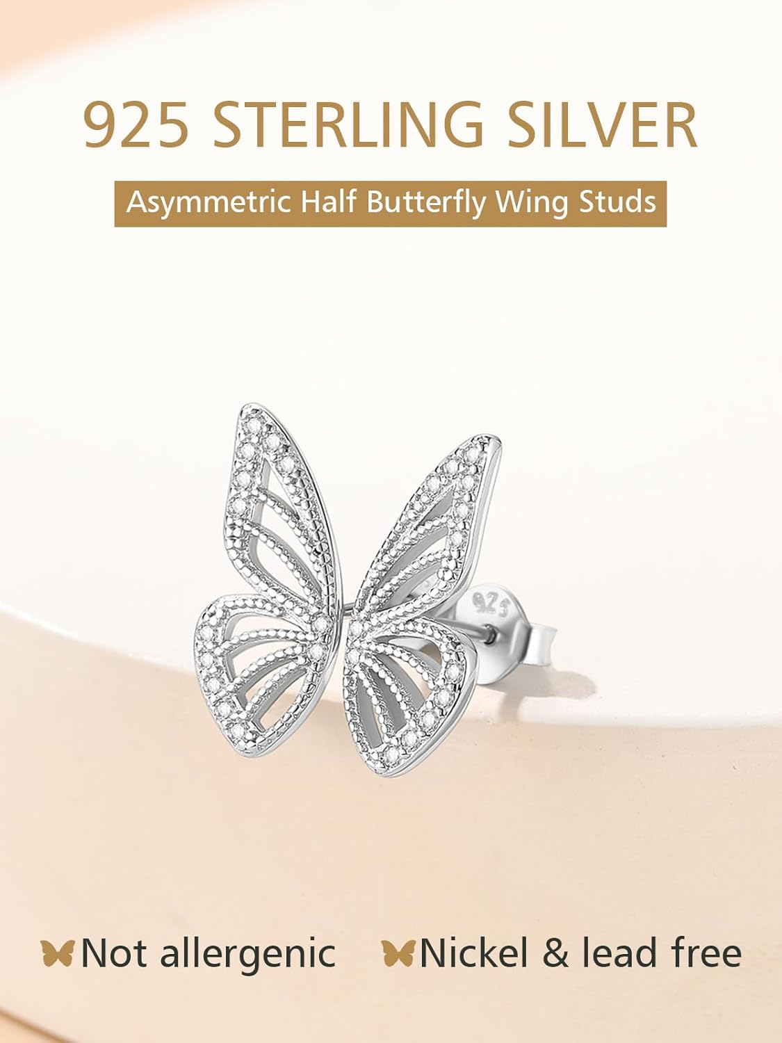 Asymmetric Butterfly Wings Small Cubic Zirconia Diamond Studs Earrings