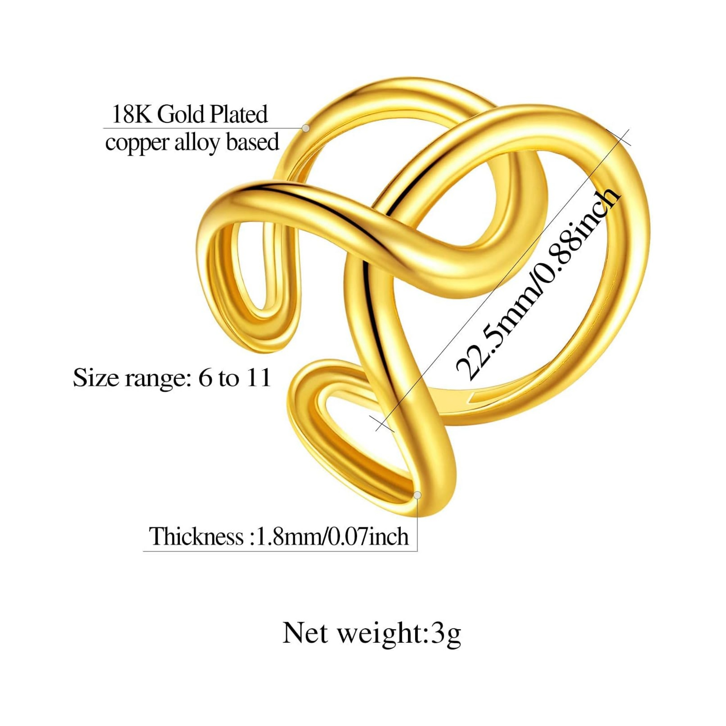 Gold Plated Crossover Stacking Adjustable Rings Details: Dimensions, Hypoallergenic, Adjustable size for 6~11