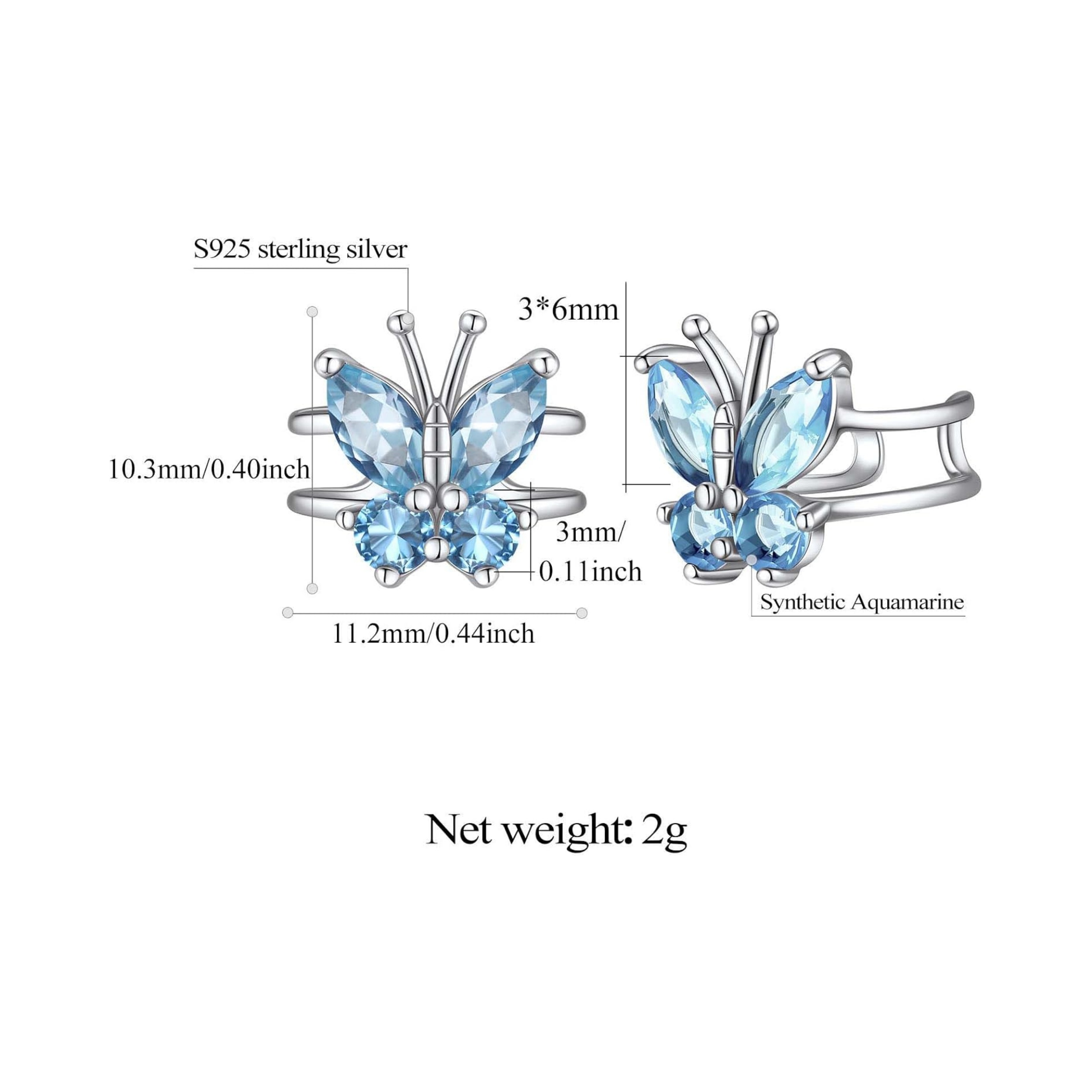 Sterling Silver Birthstone Butterfly Clip-on Earrings Details: Dimensions, Hypoallergenic， Clip On