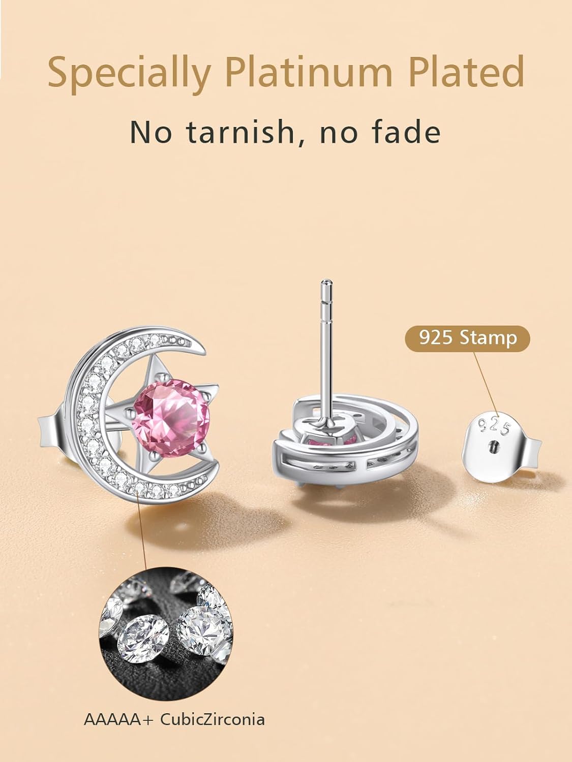 Sparkly Sterling Silver Cute Moon Star Birthstone Star Earrings