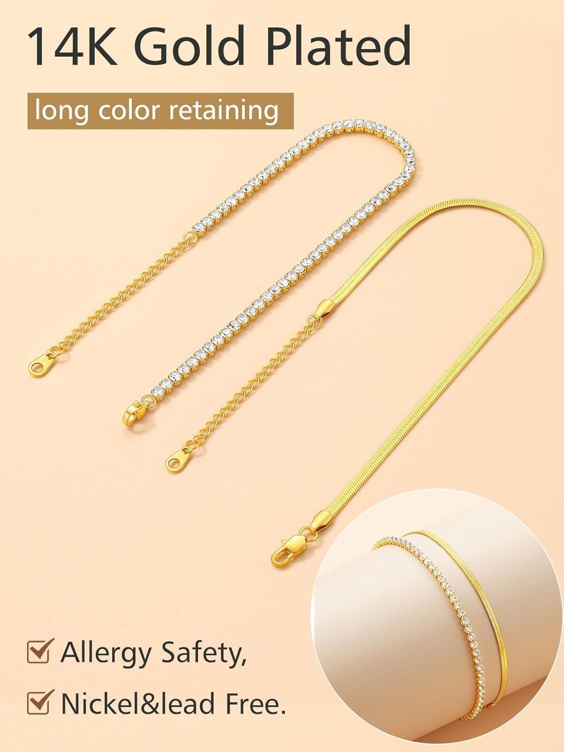 2PCS Herringbone & Tennis Chain Foot Jewelry Anklets Jewelry Set