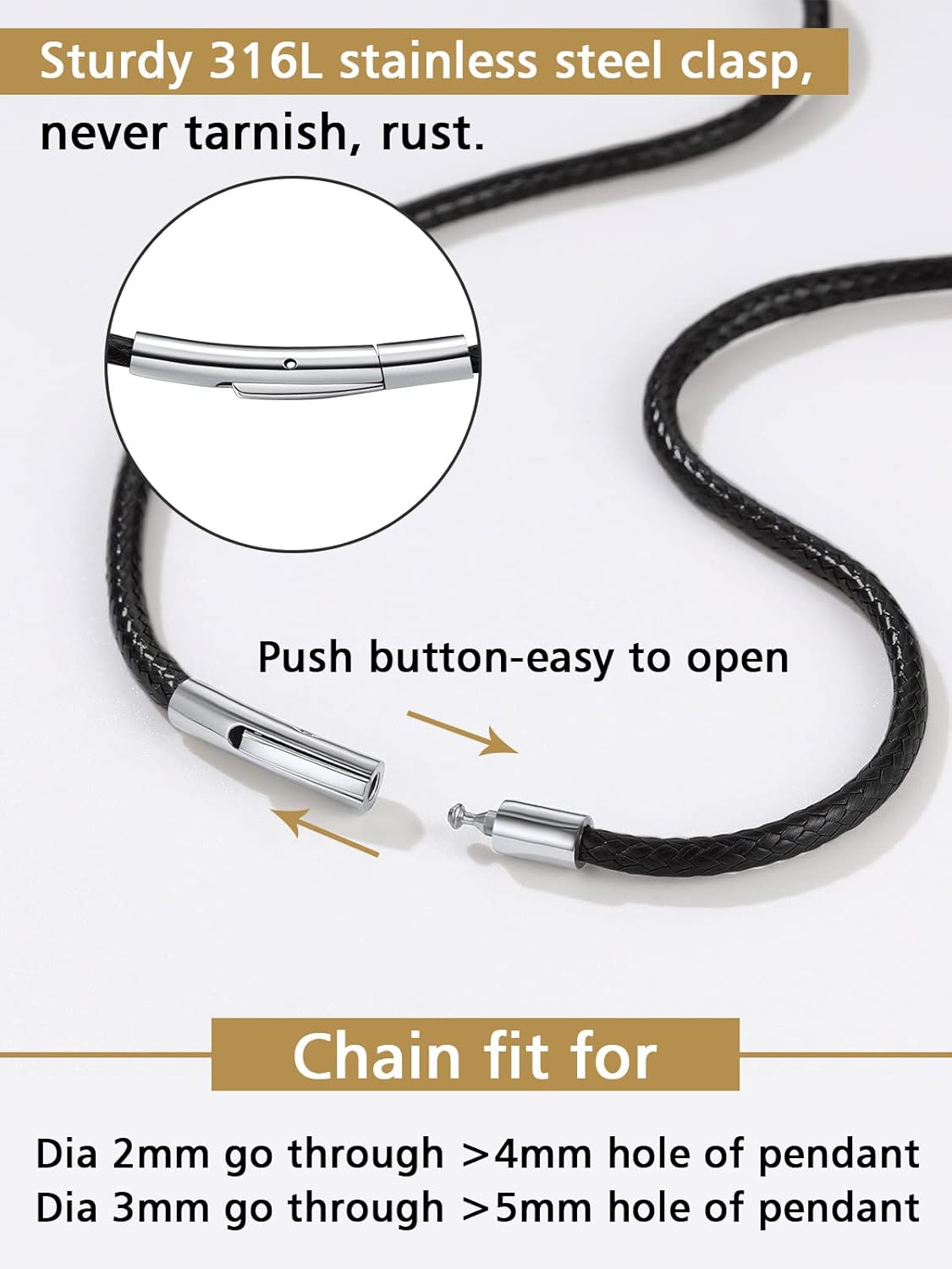 3mm Width Braided Leather Necklace Cord with Stainless Steel Clasp