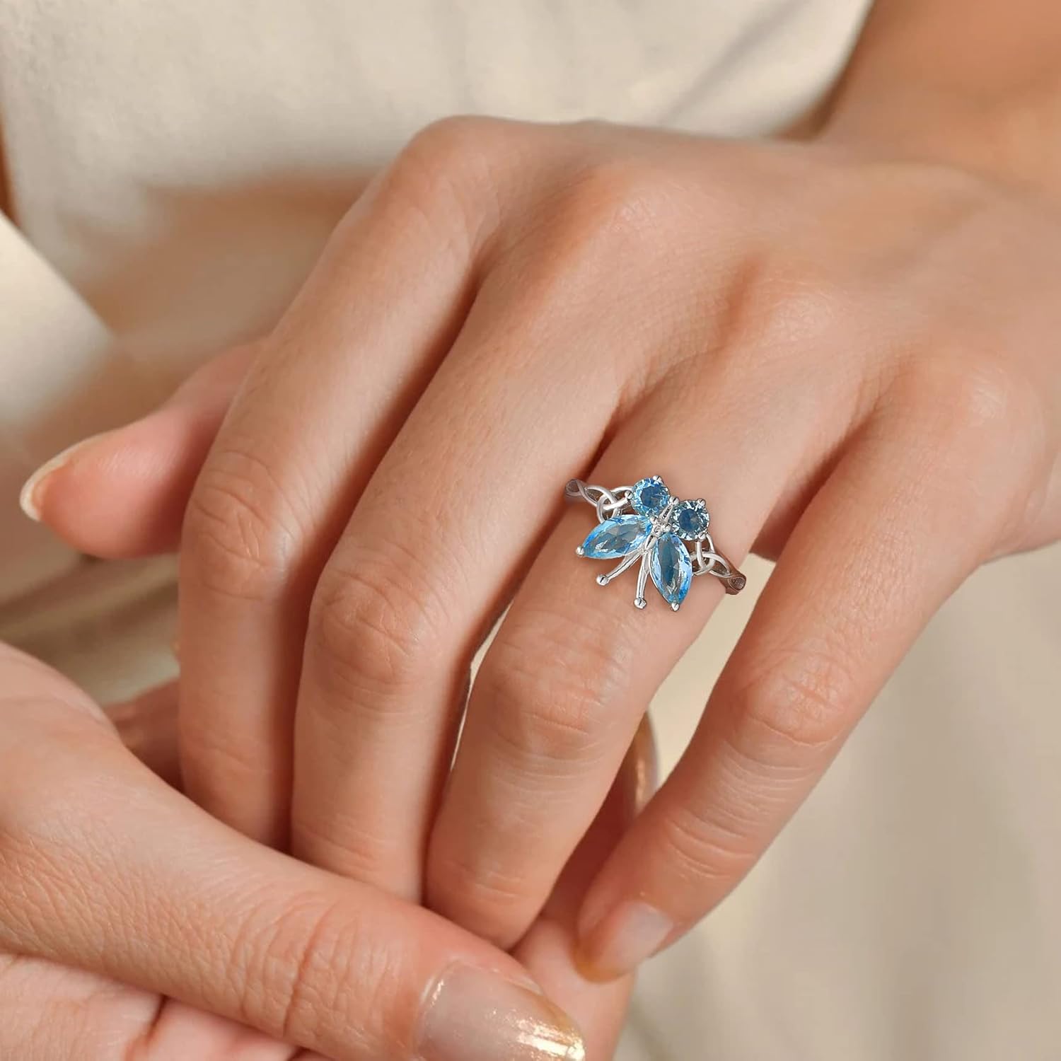 March Aquamarine Butterfly Birthstone Stackable Rings