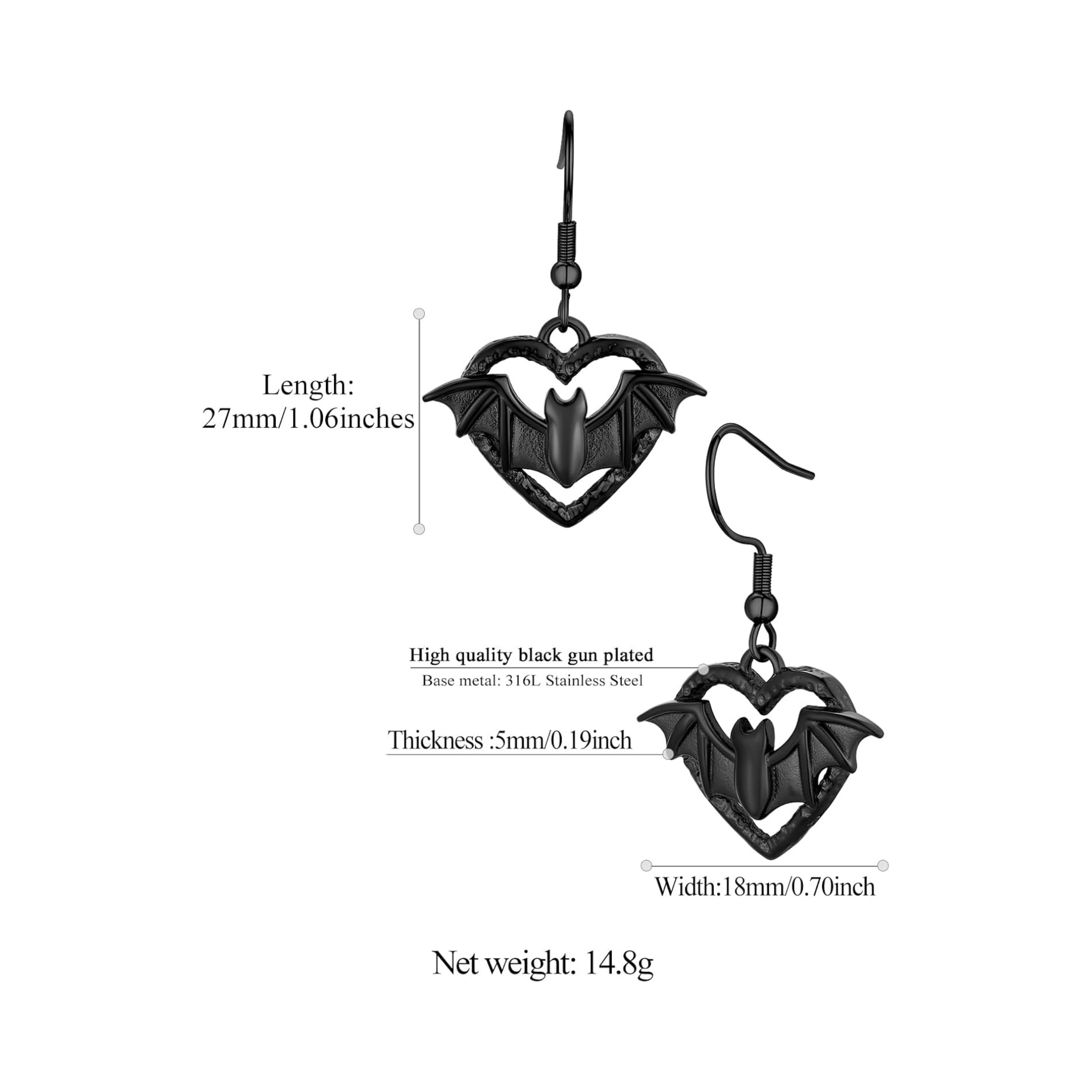 Stainless Steel Heart Bat Dangle Earrings Details: Dimensions, Hypoallergenic, French Wire.