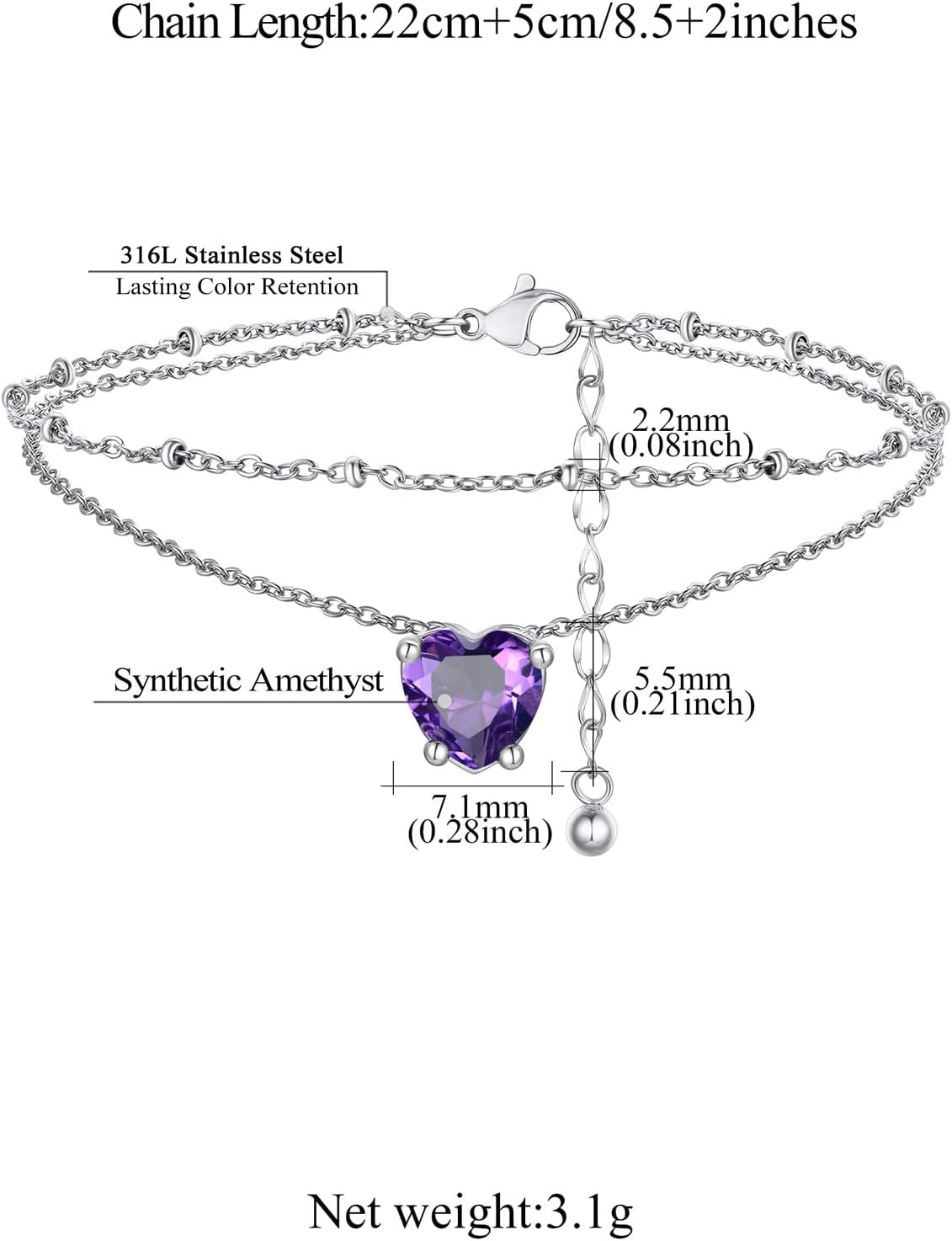 Dainty February Created Amethyst Prong Setting Birthstone Heart Anklets