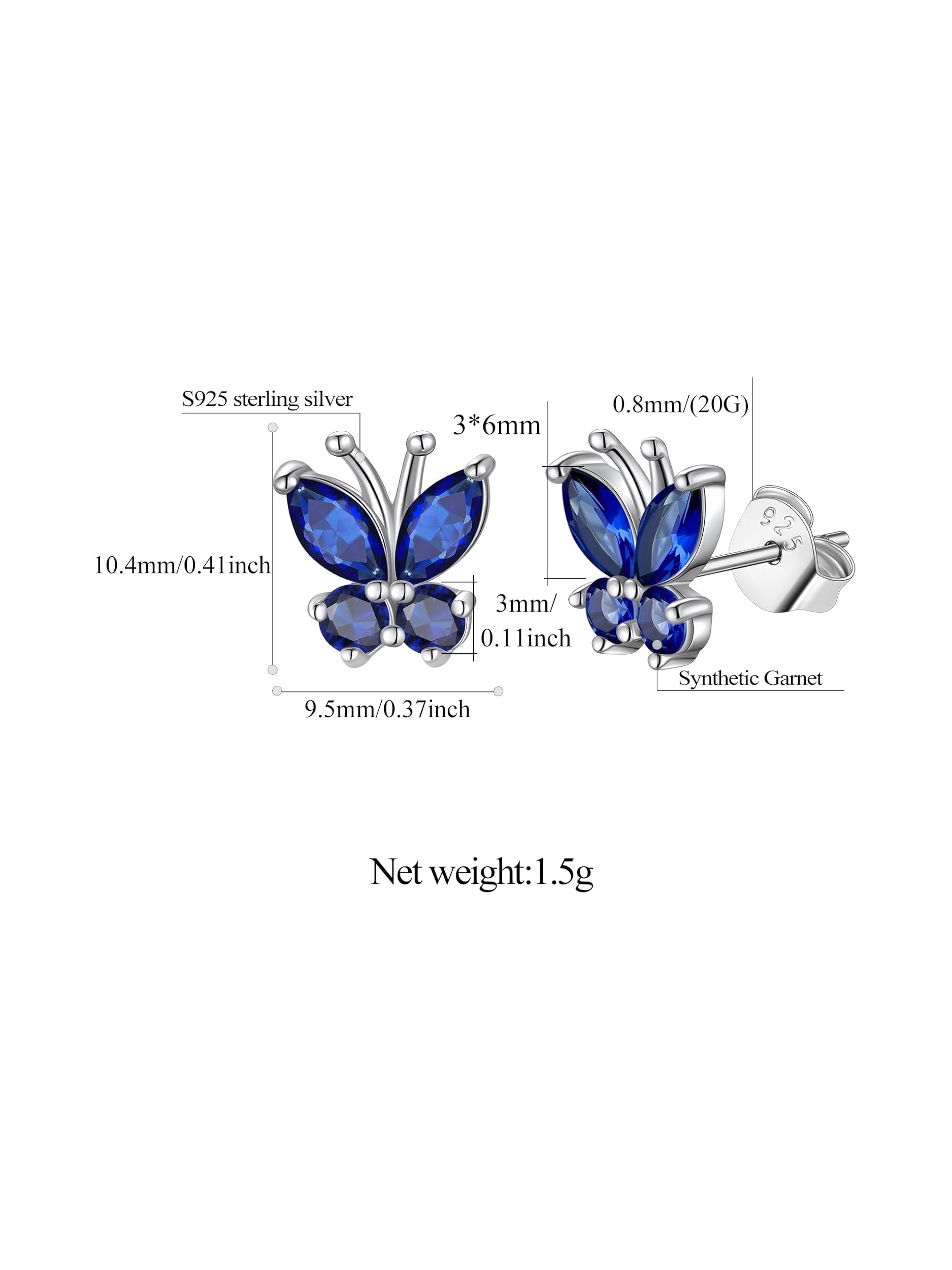September Sapphire Butterfly Stud Earrings Details: Dimensions, Hypoallergenic, Push Back Finding