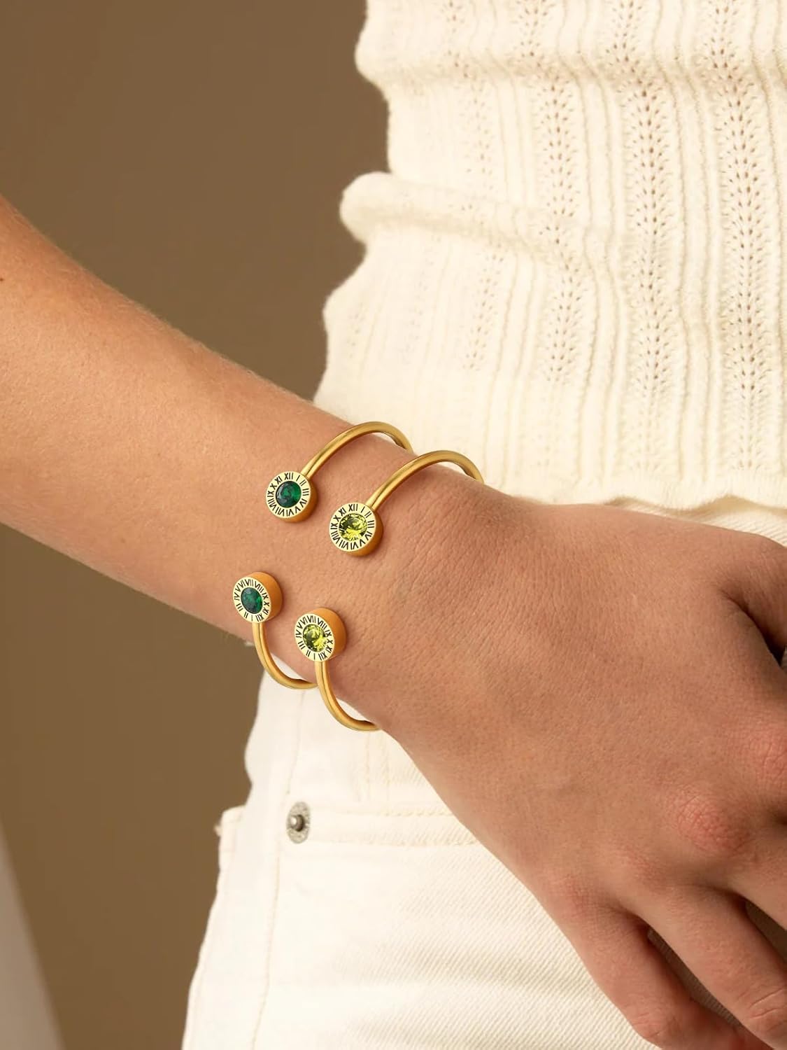 Stainless Steel Birthstones Cuff Bracelets with Roman Numerals for Women