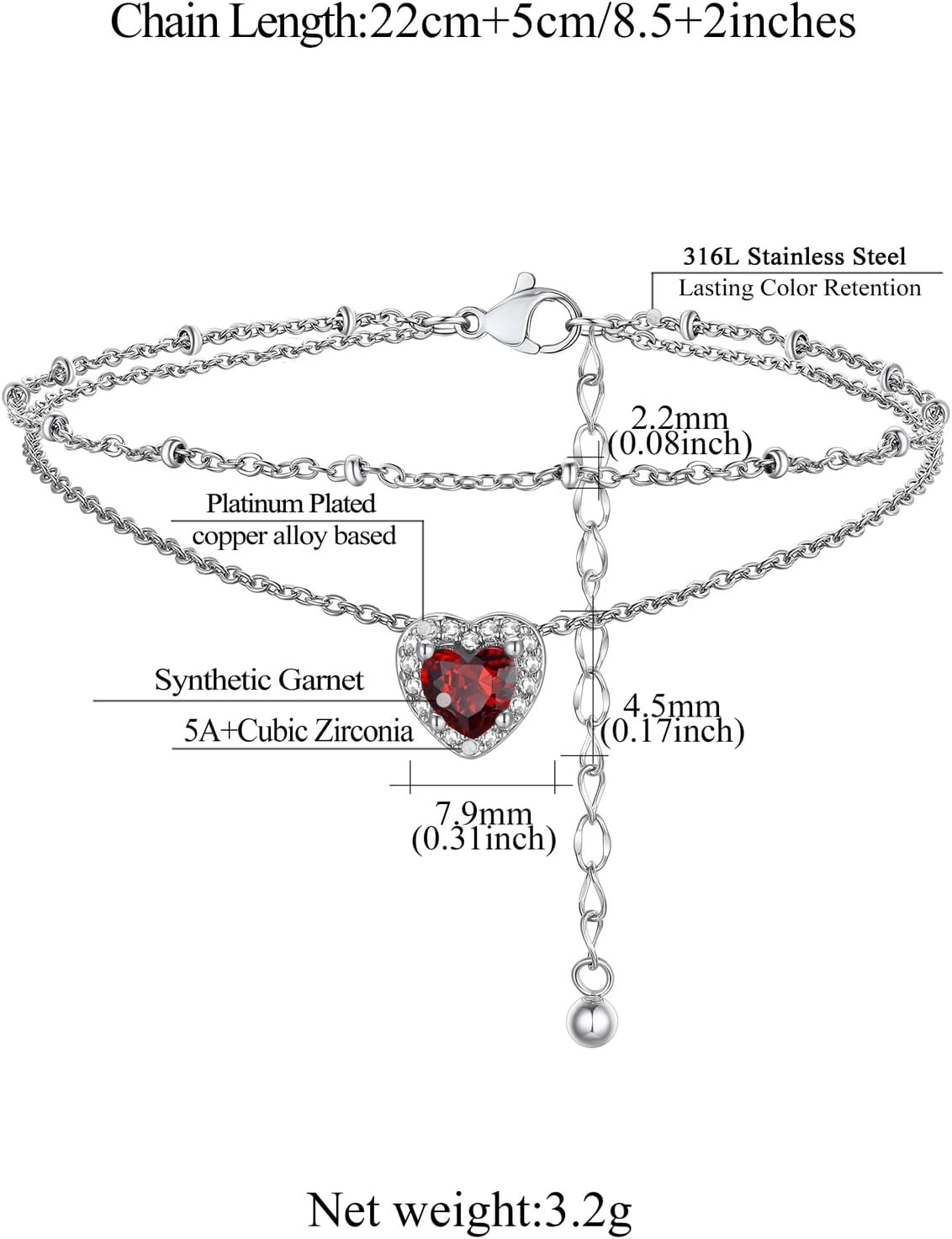 Layered Heart Birthstone Beaded Foot Chain Anklets