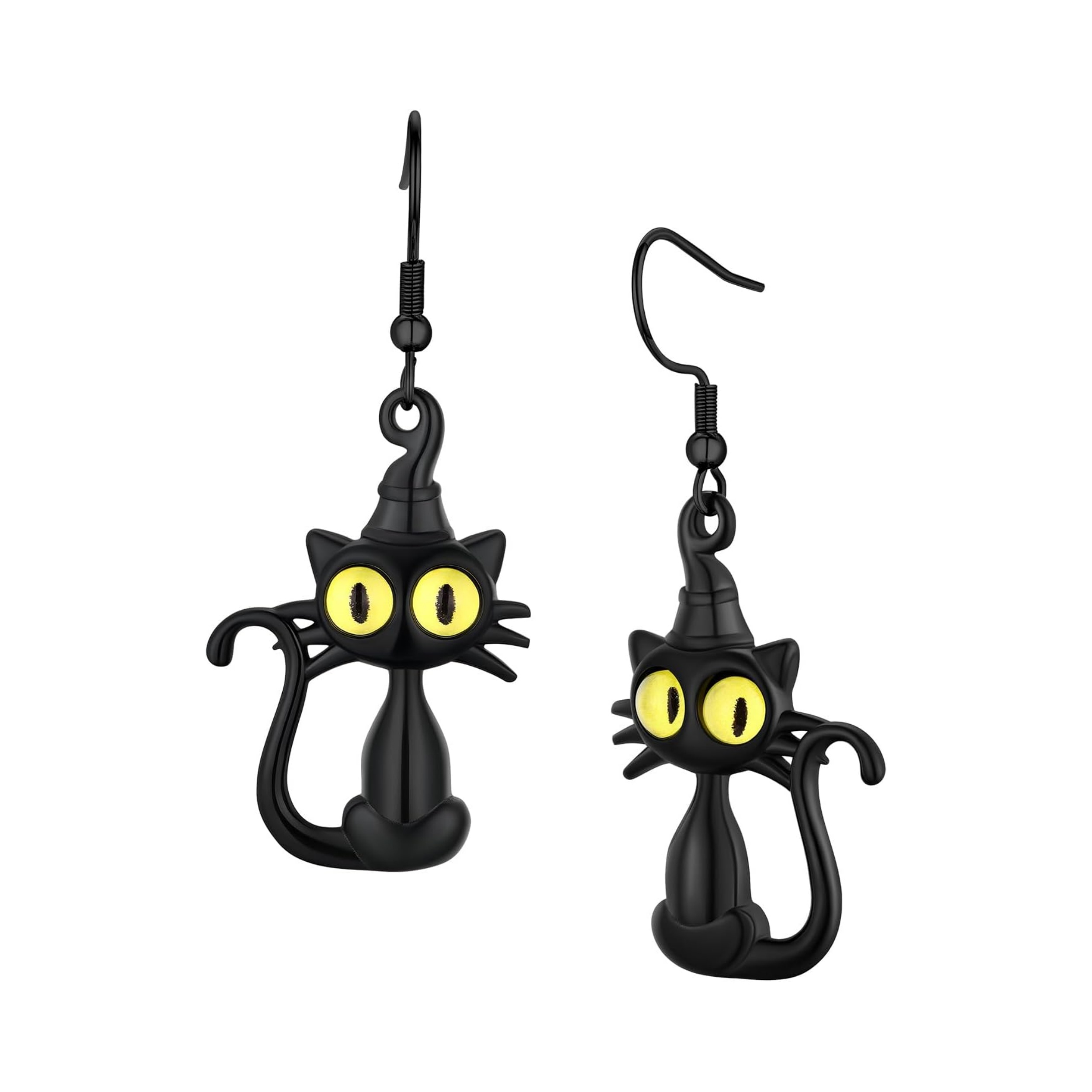 Stainless Steel Black Cat Dangle Earrings 