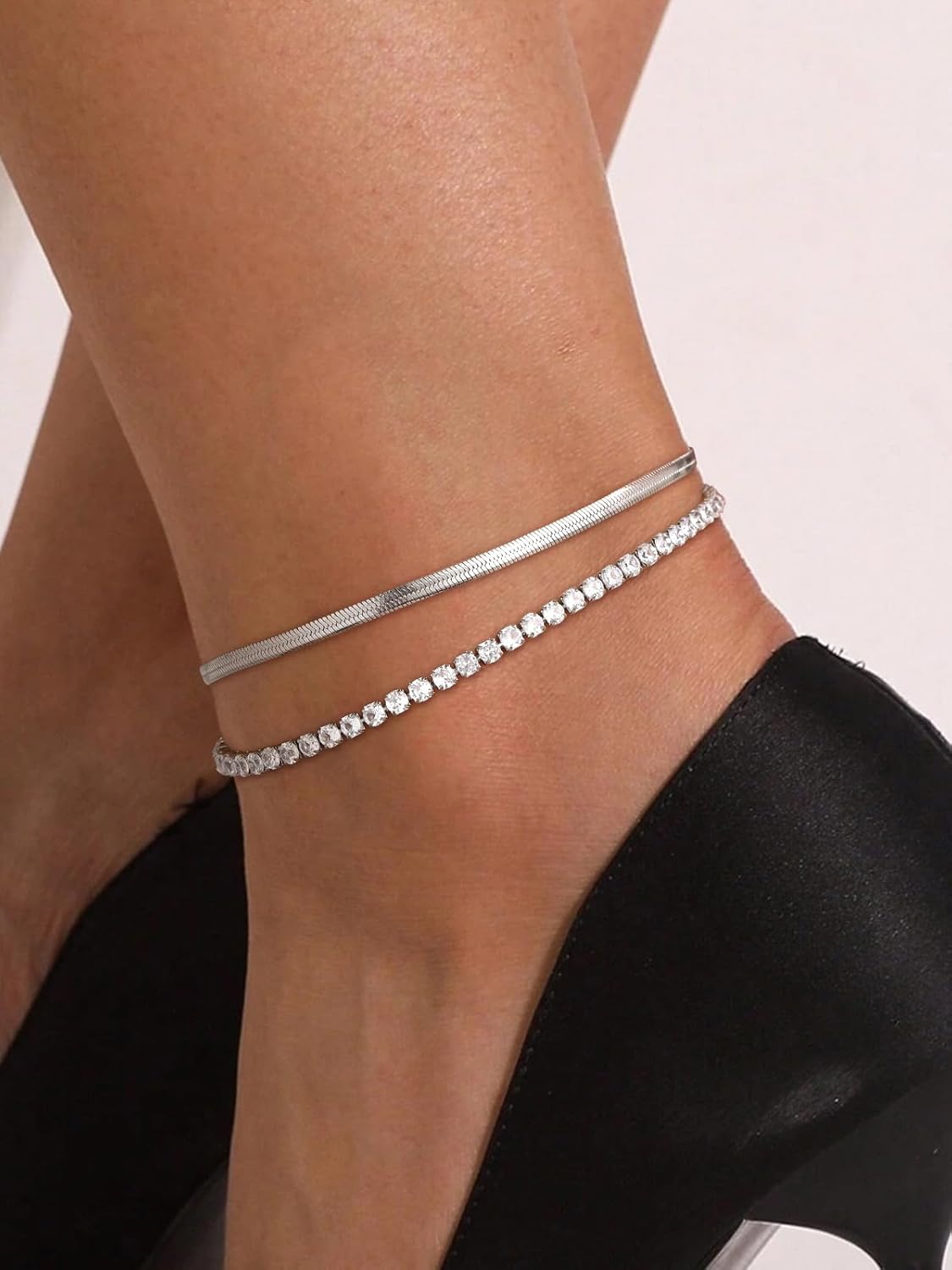 2PCS Herringbone & Tennis Chain Foot Jewelry Anklets Jewelry Set
