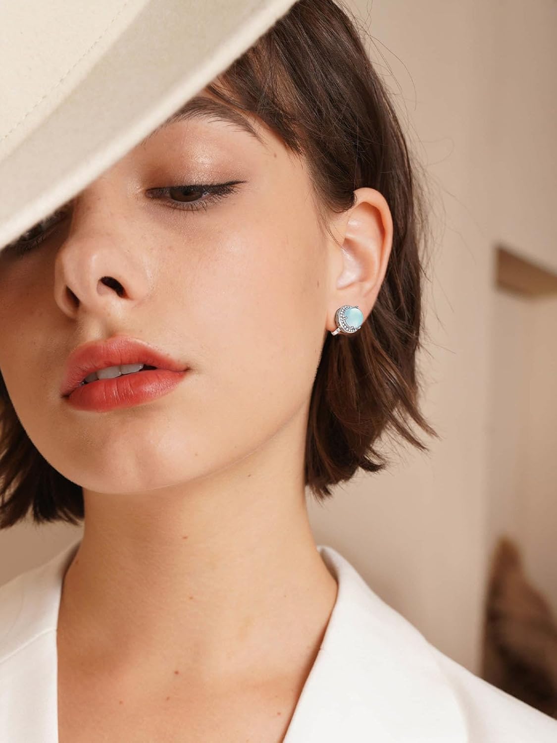 Clip on Round Synthetic Moonstone Stud Earrings