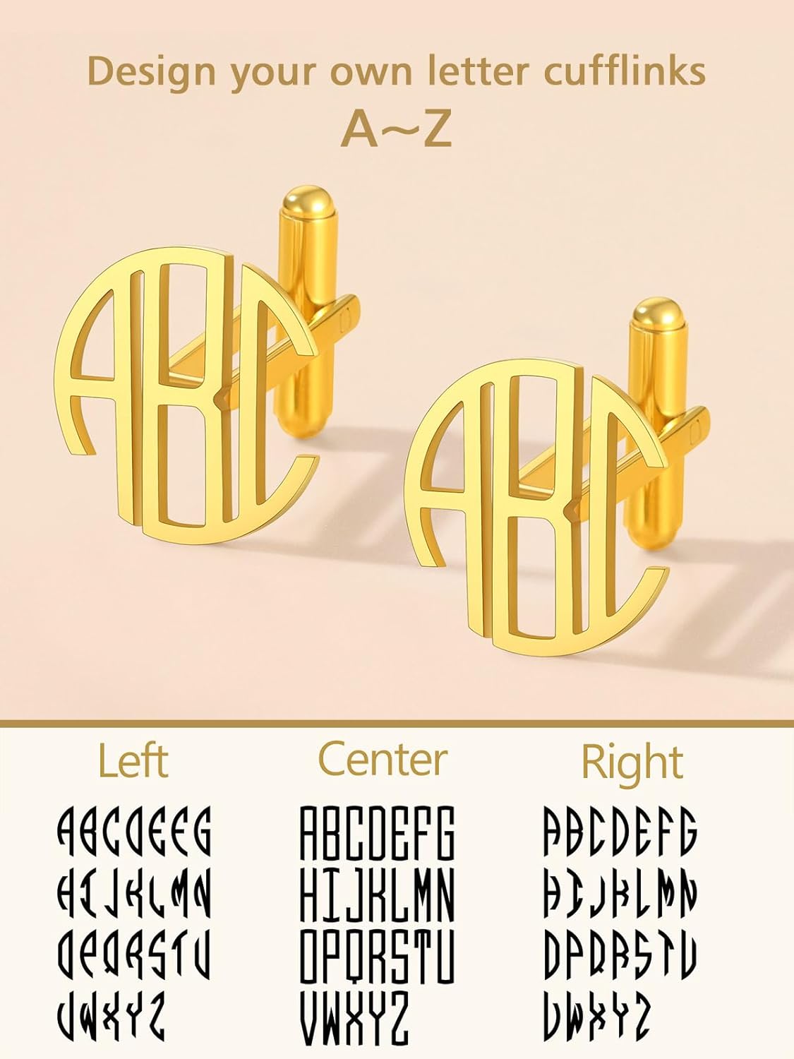 18k Gold Plated Sturdy 316L Stainless Steel Custom 3 Letters Round Cufflinks