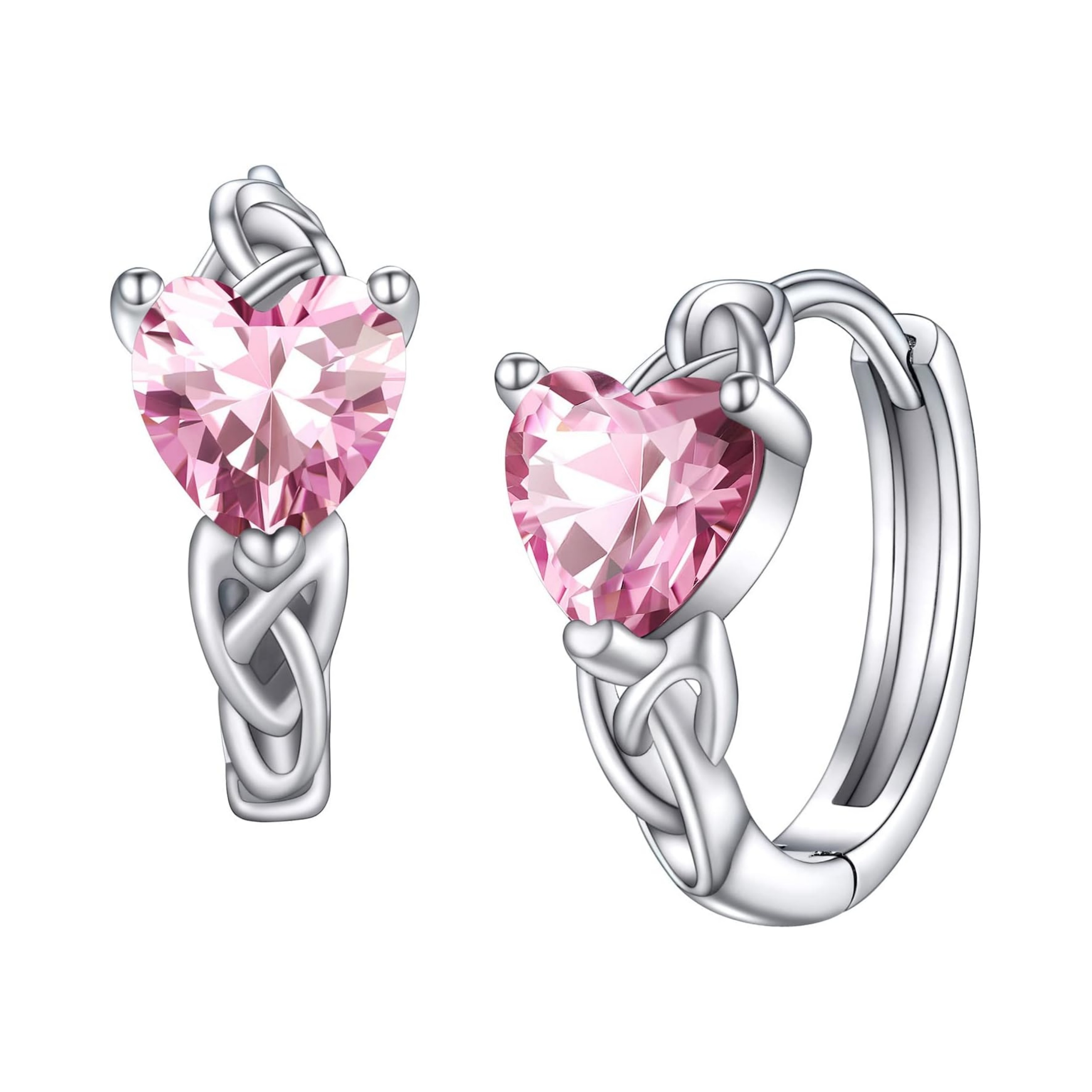 October Pink Tourmaline Heart Celtic Knot Birthstone Hoop Earrings