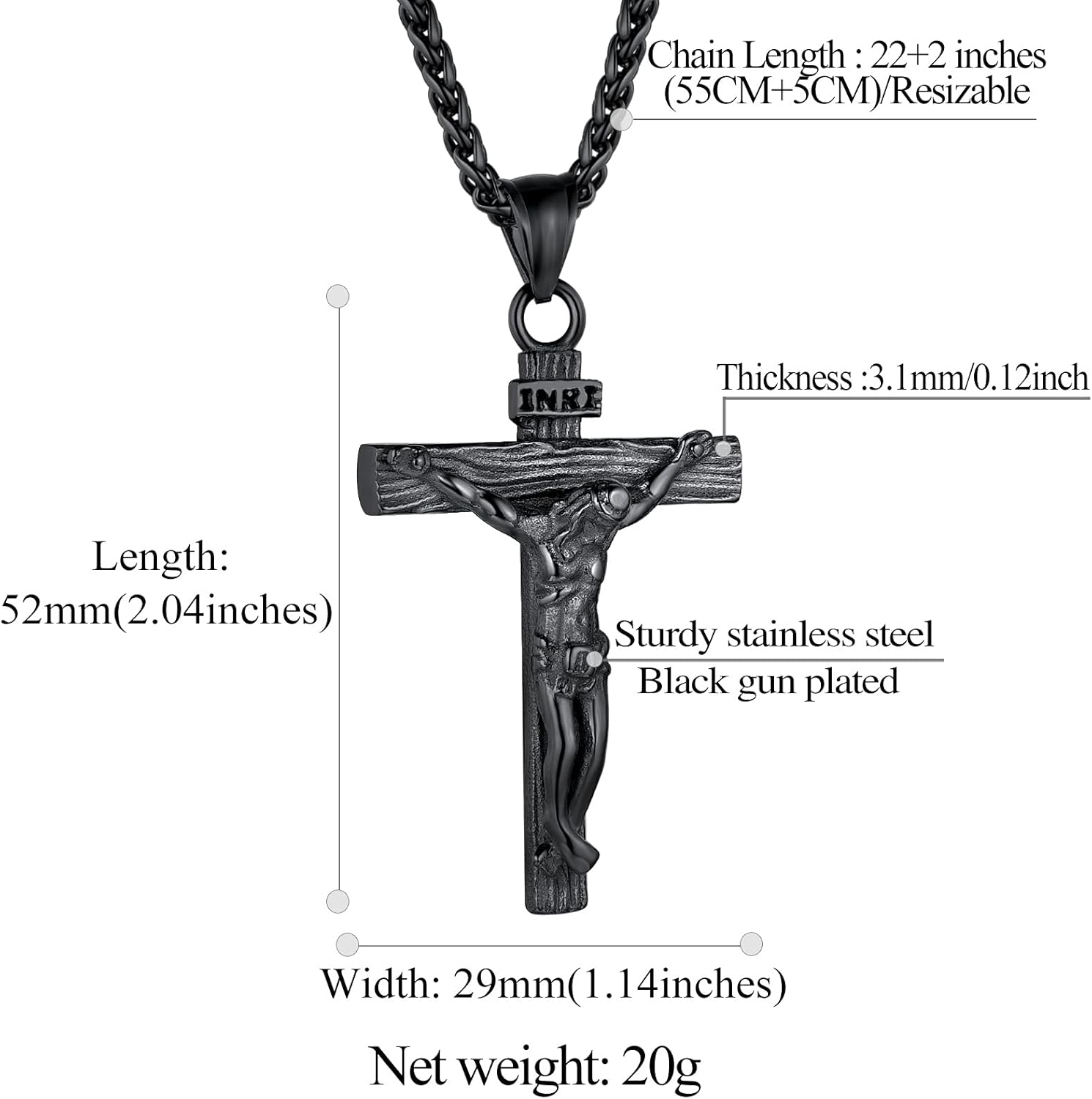 Faith in God Jesus Christian Crucifix Cross Pendant Necklace Details: Dimensions, Hypoallergenic, Lobster-Claw-Clasps