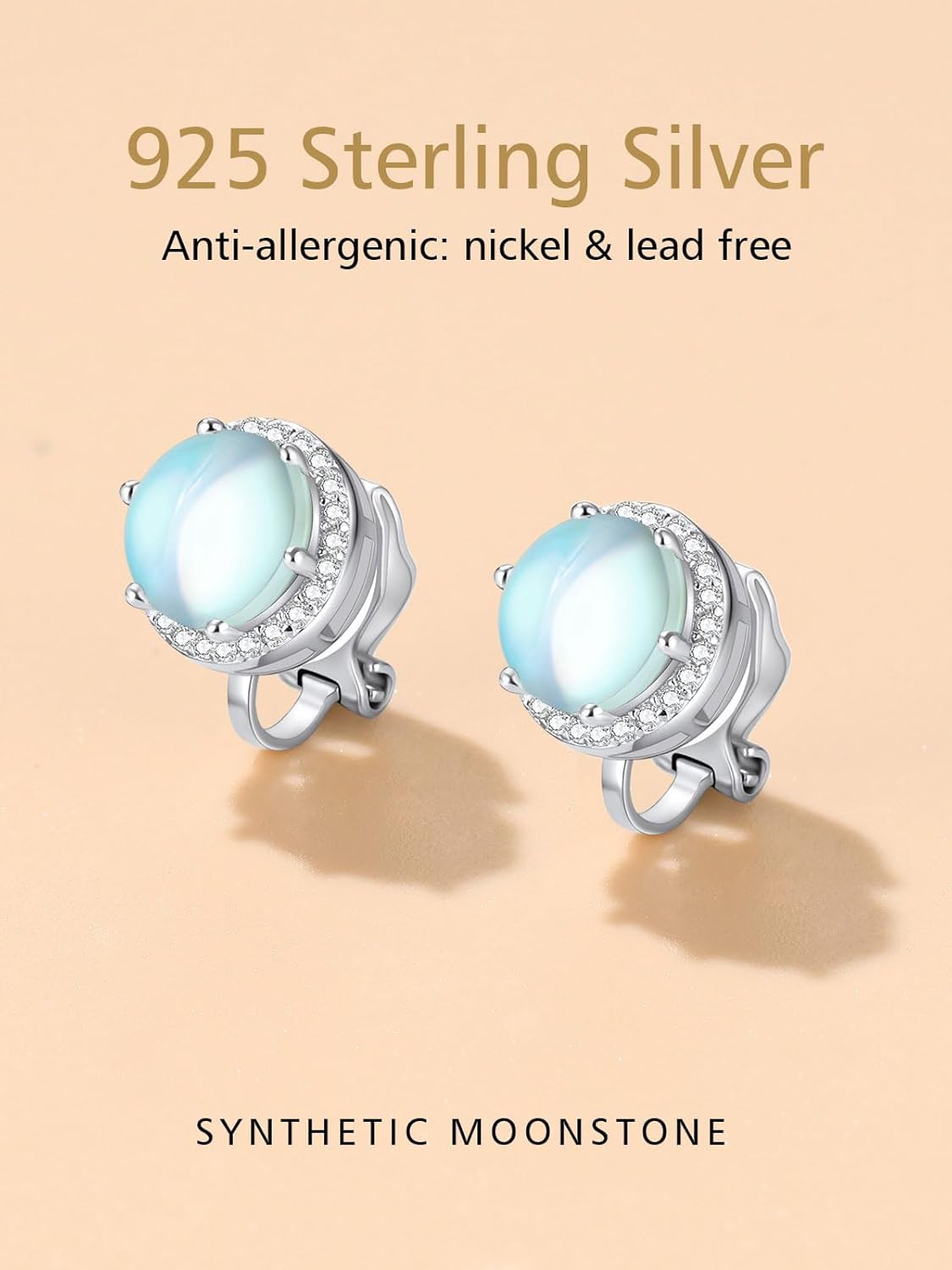 Clip on Round Synthetic Moonstone Stud Earrings