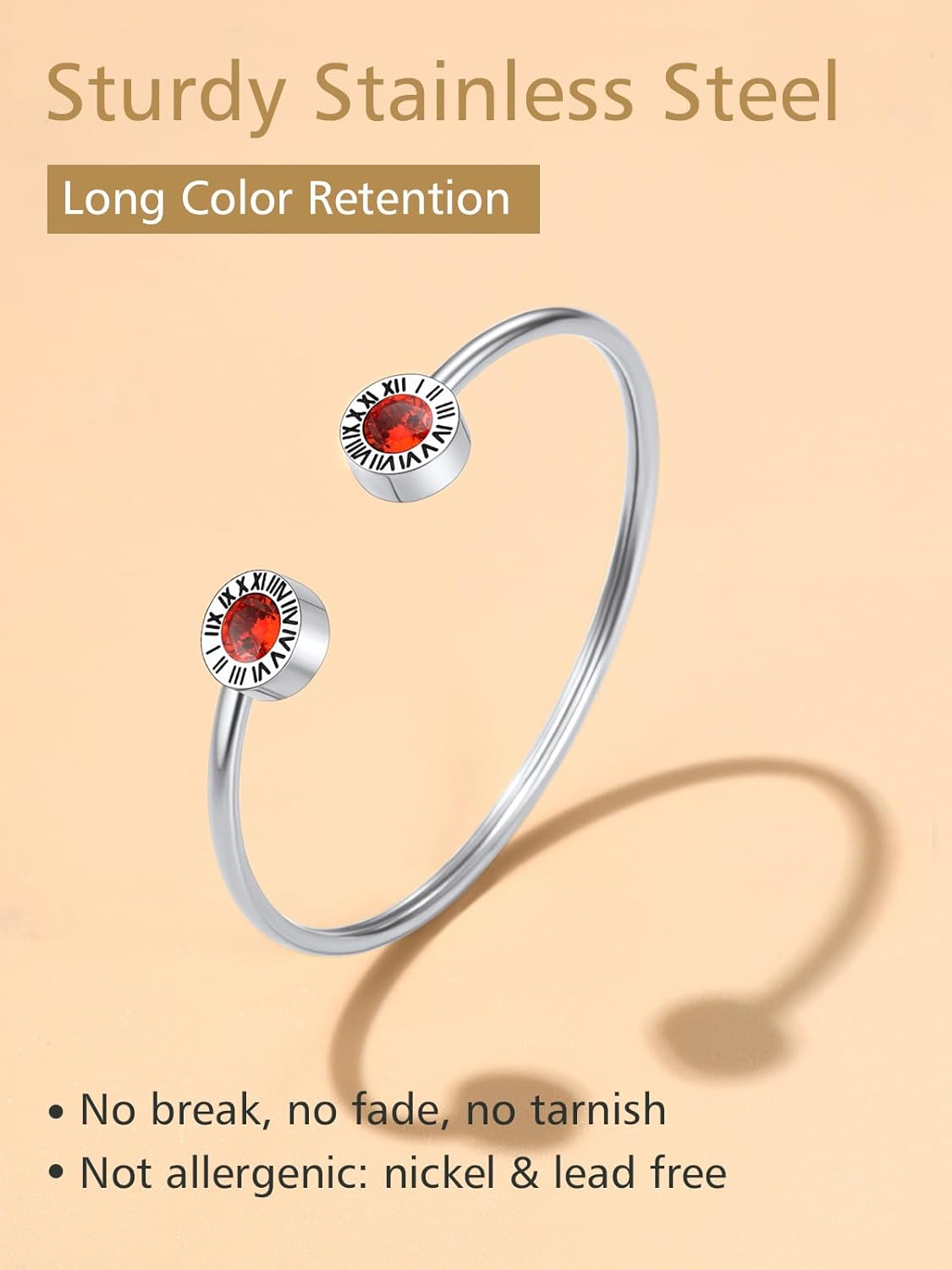 Stainless Steel Birthstones Cuff Bracelets with Roman Numerals 