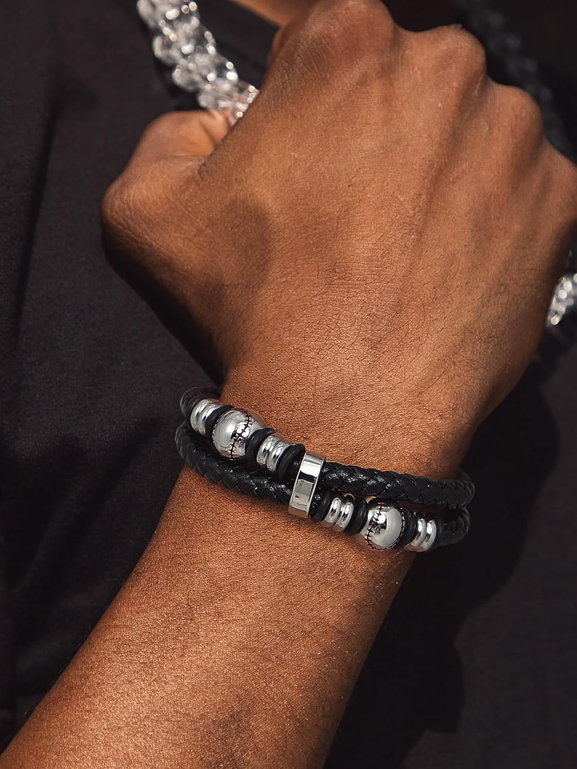 Double Row Black Braided Leather Wristband Baseball Beaded Bangle