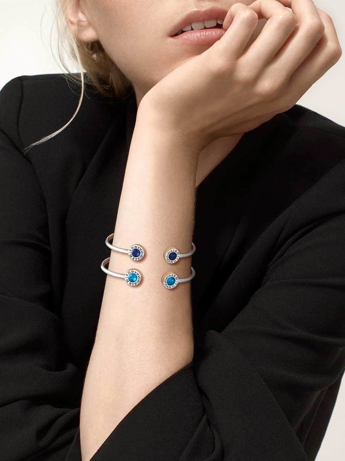 Stainless Steel Birthstones Cuff Bracelets with Roman Numerals for Women