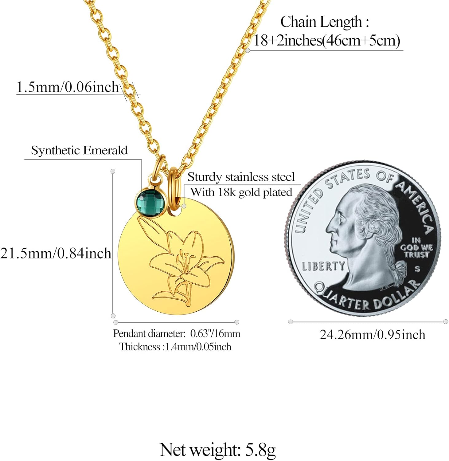 Jan. to Dec. Guardian Month Floral Birth Flower & Birthstone Disc Necklaces