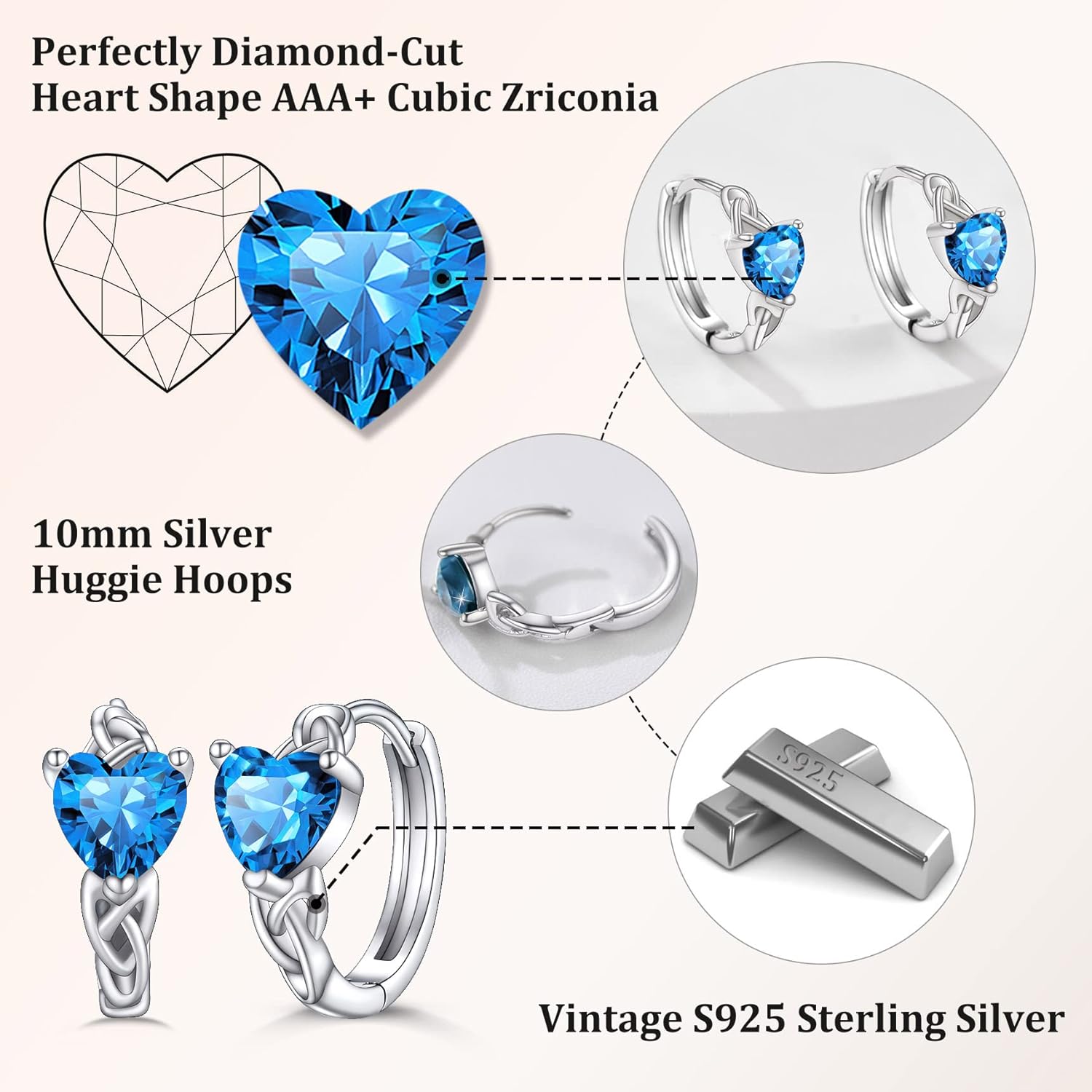 December Blue TopazHeart Celtic Knot Birthstone Hoop Earrings