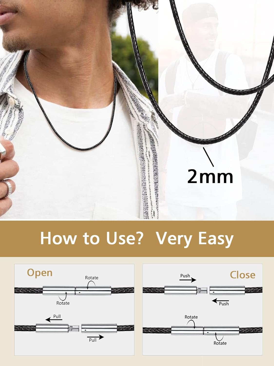 Waterproof Black Leather Cord Waxed Rope Chain Necklaces