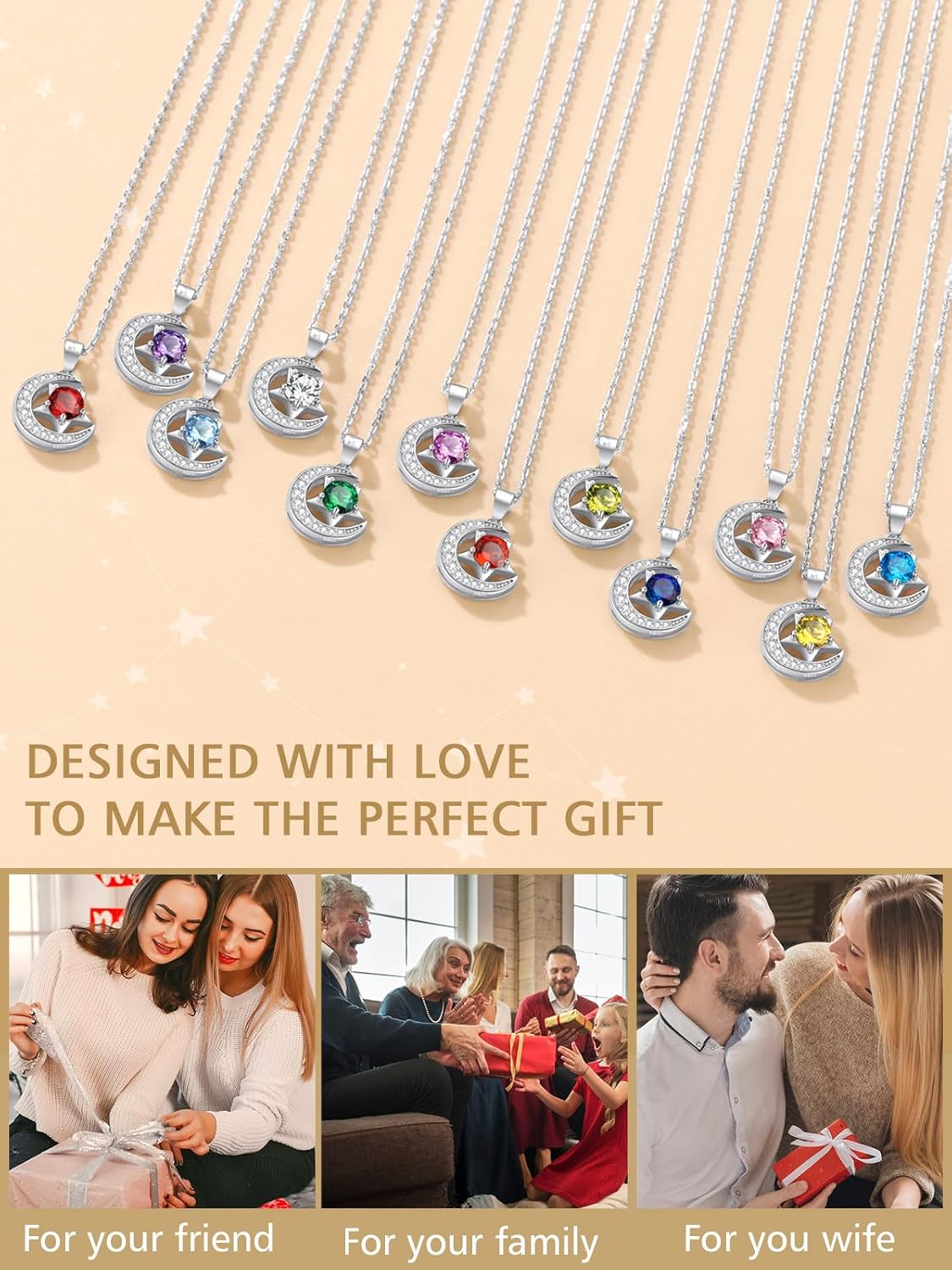 Sparkly Sterling Silver Cute Moon Star Birthstone Necklace