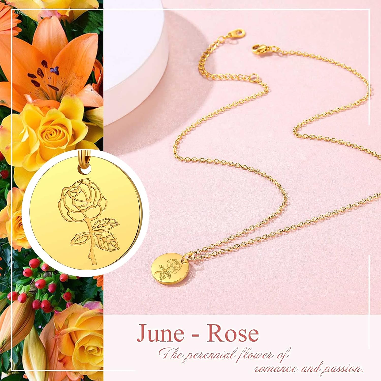Jan. to Dec. Guardian Month Floral Birth Flower Disc Necklaces